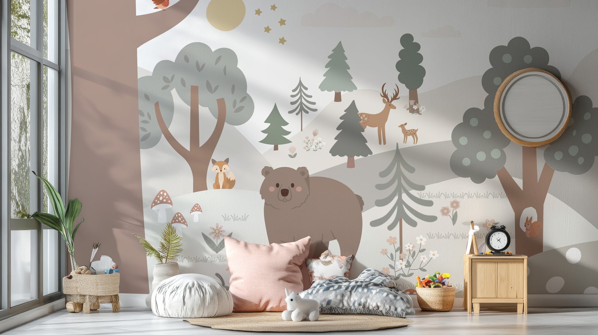 Gentle winter woodland with playful animals mural.
