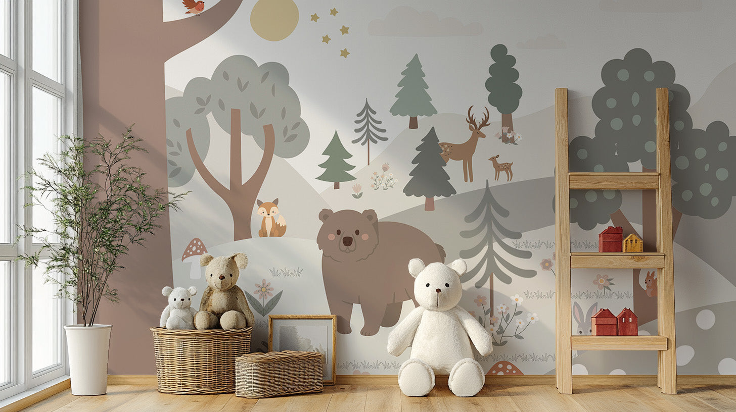 Whimsical snow-covered forest for a cozy kids' room.
