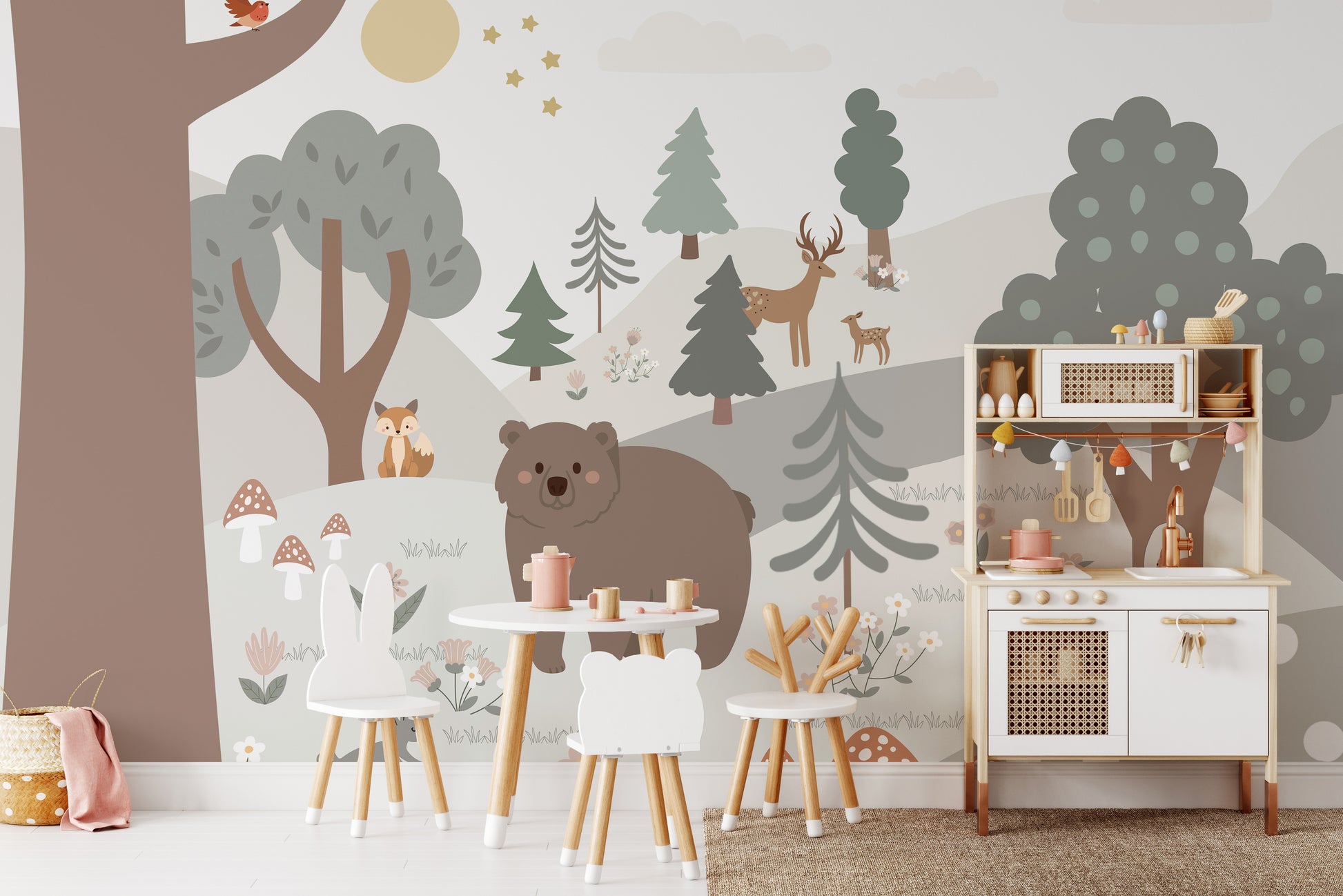 Snowy woodland adventure with soft watercolor hues.




