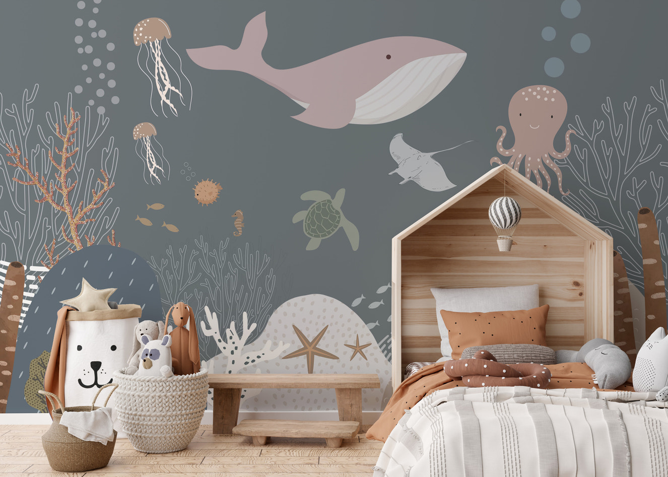 Playful ocean creatures in a colorful underwater scene.
