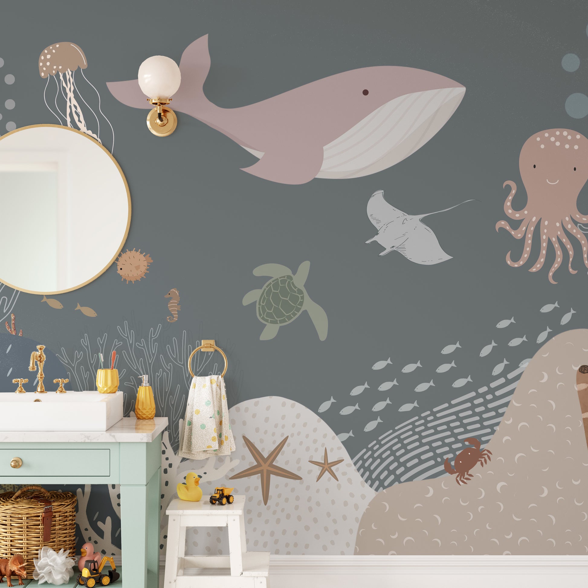 Whimsical fish and corals in a dreamy ocean theme.
