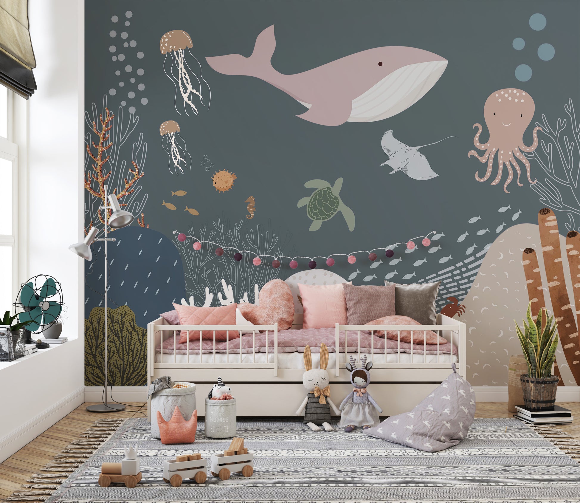 Soft watercolor fish and sea plants for kids’ walls.
