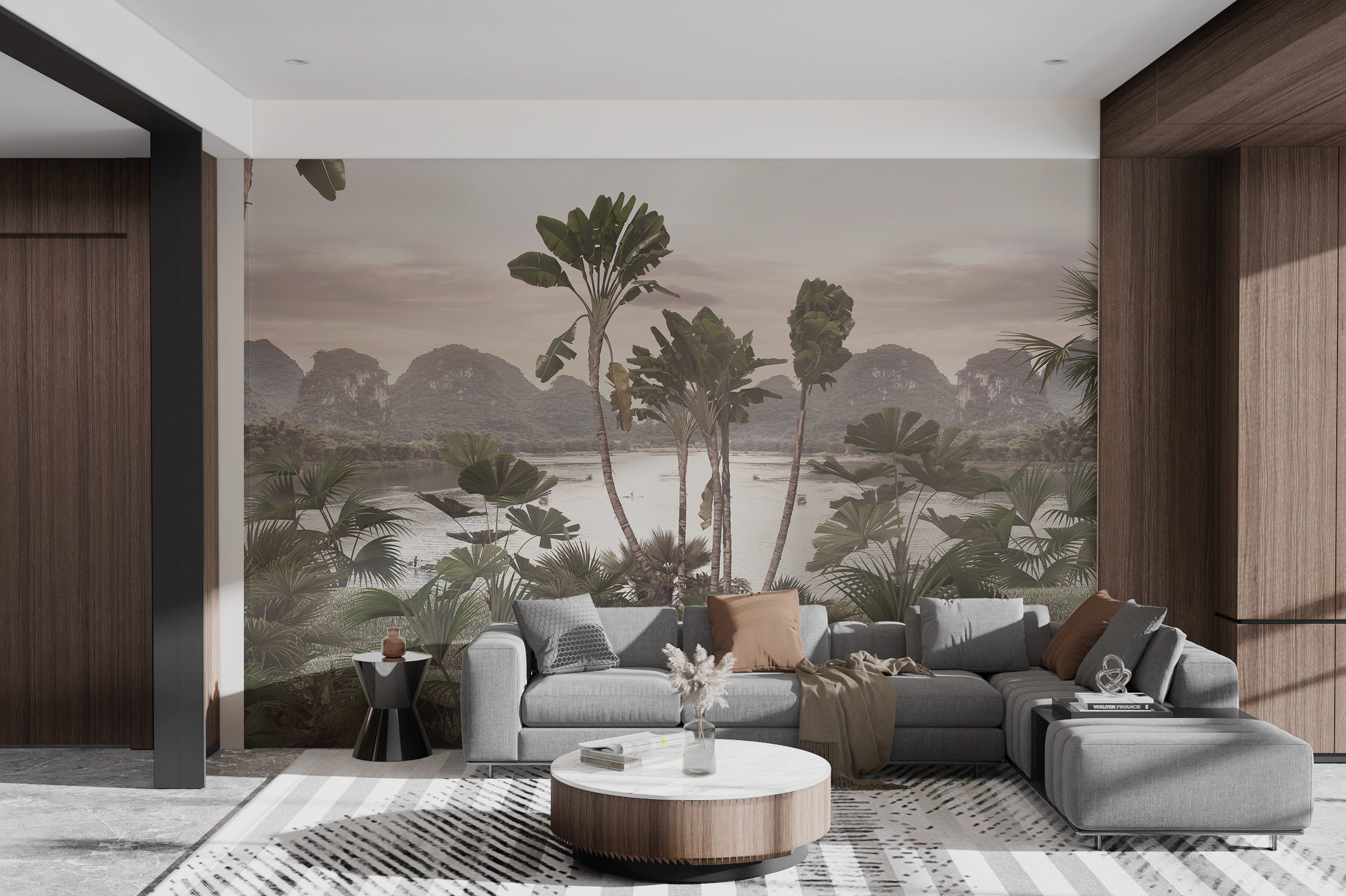 Green tropical mural for calming home decor