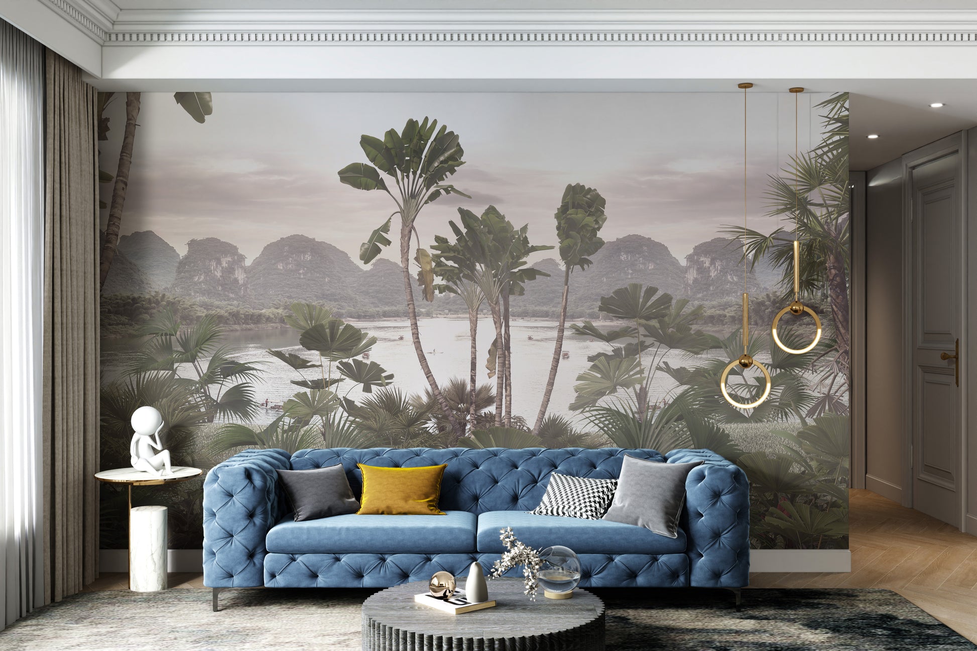 Serene green tropical mural with mountain view