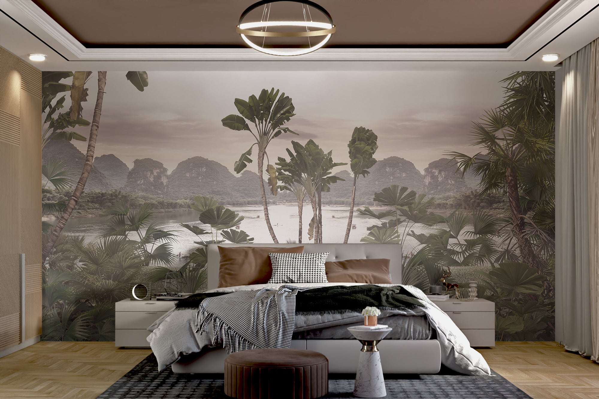 Tranquil landscape mural with tropical plants