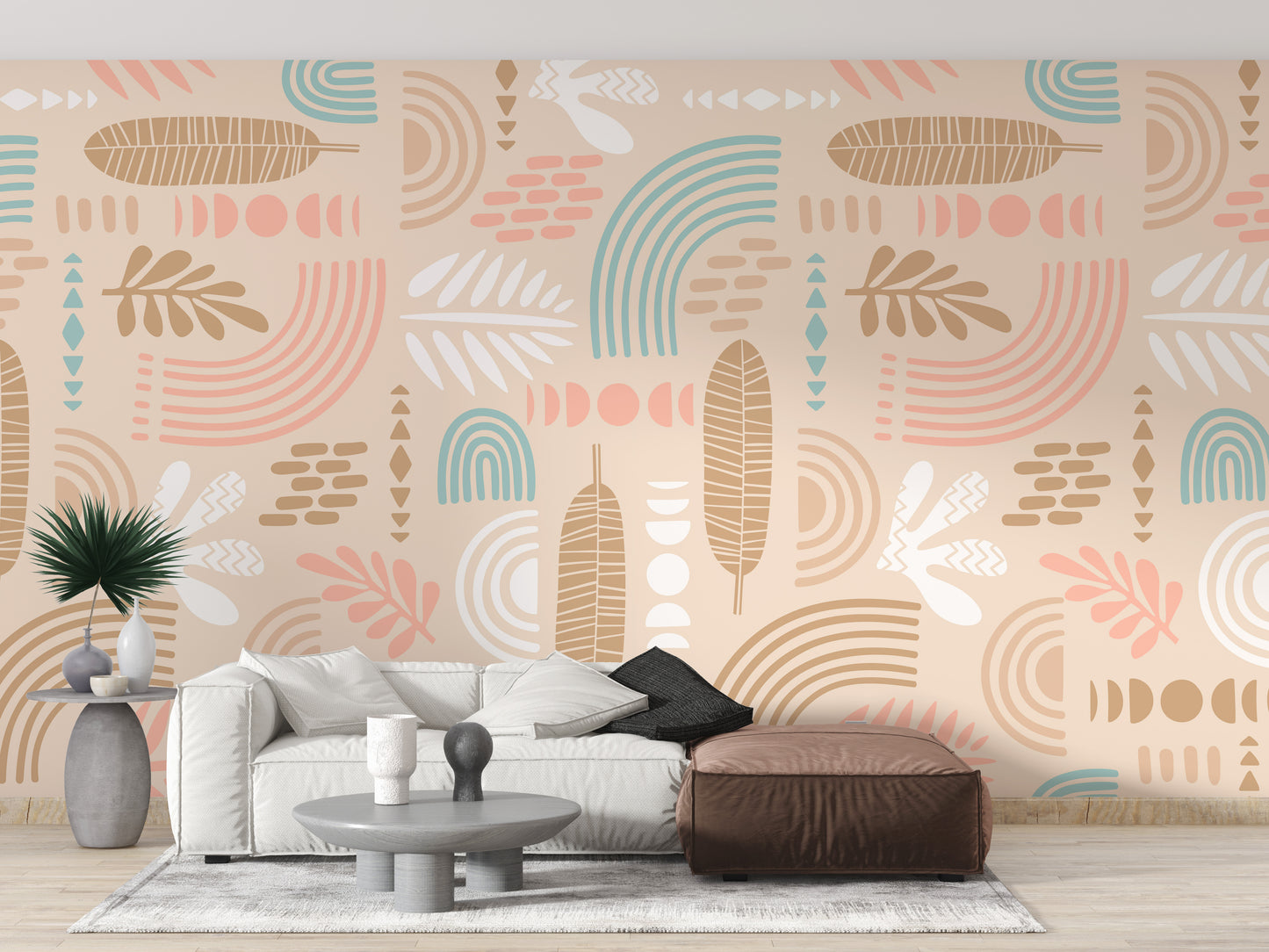 Abstract Leaves and Geometric Shapes Beige Color Wallpaper