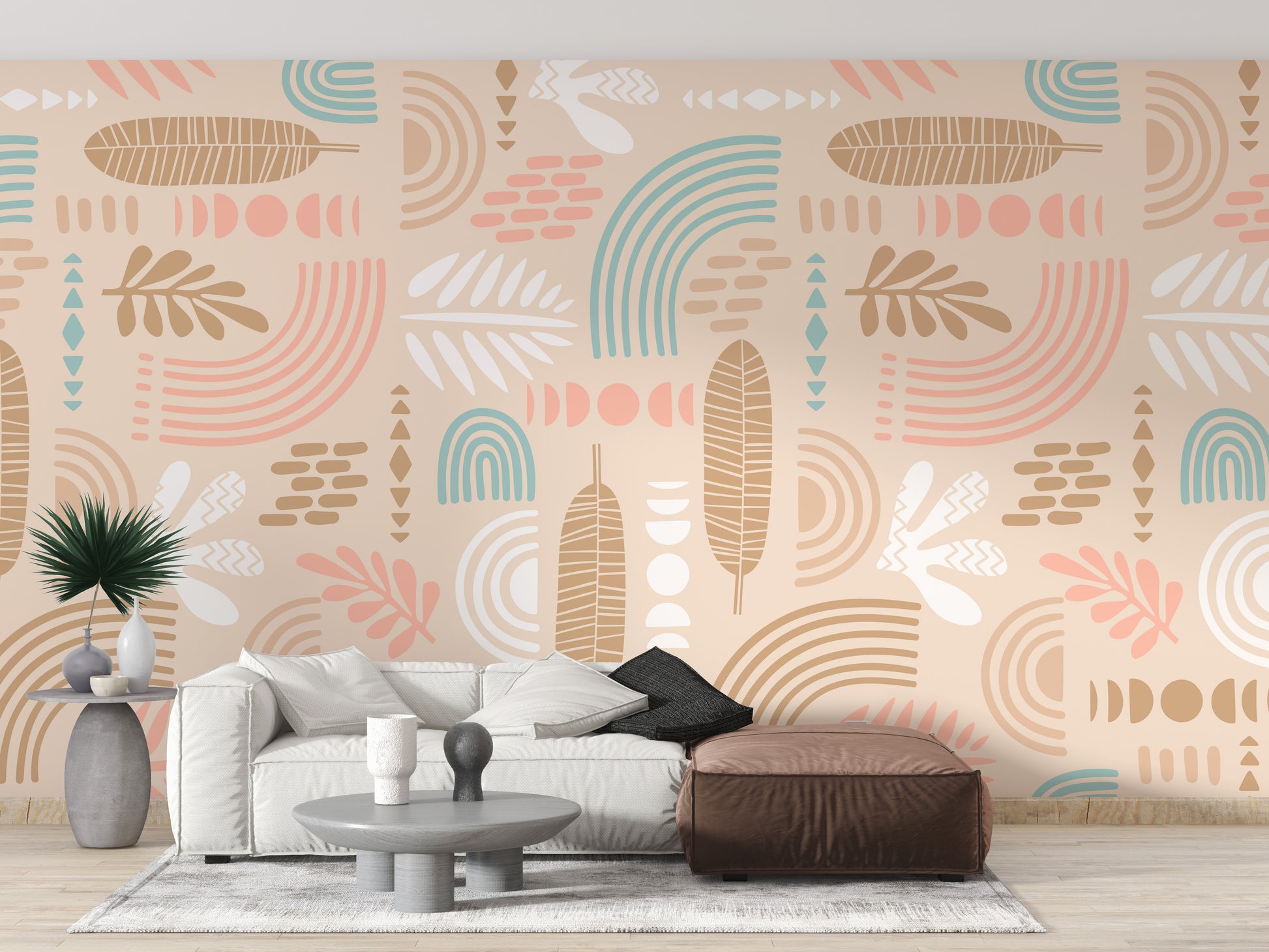 Abstract Leaves and Geometric Shapes Beige Color Wallpaper