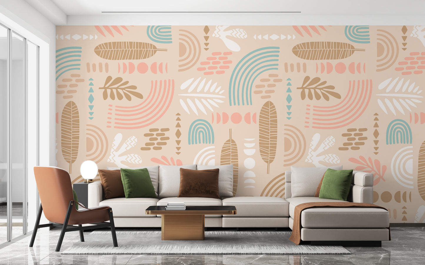 Modern Beige Wallpaper with Abstract Leaves and Shapes