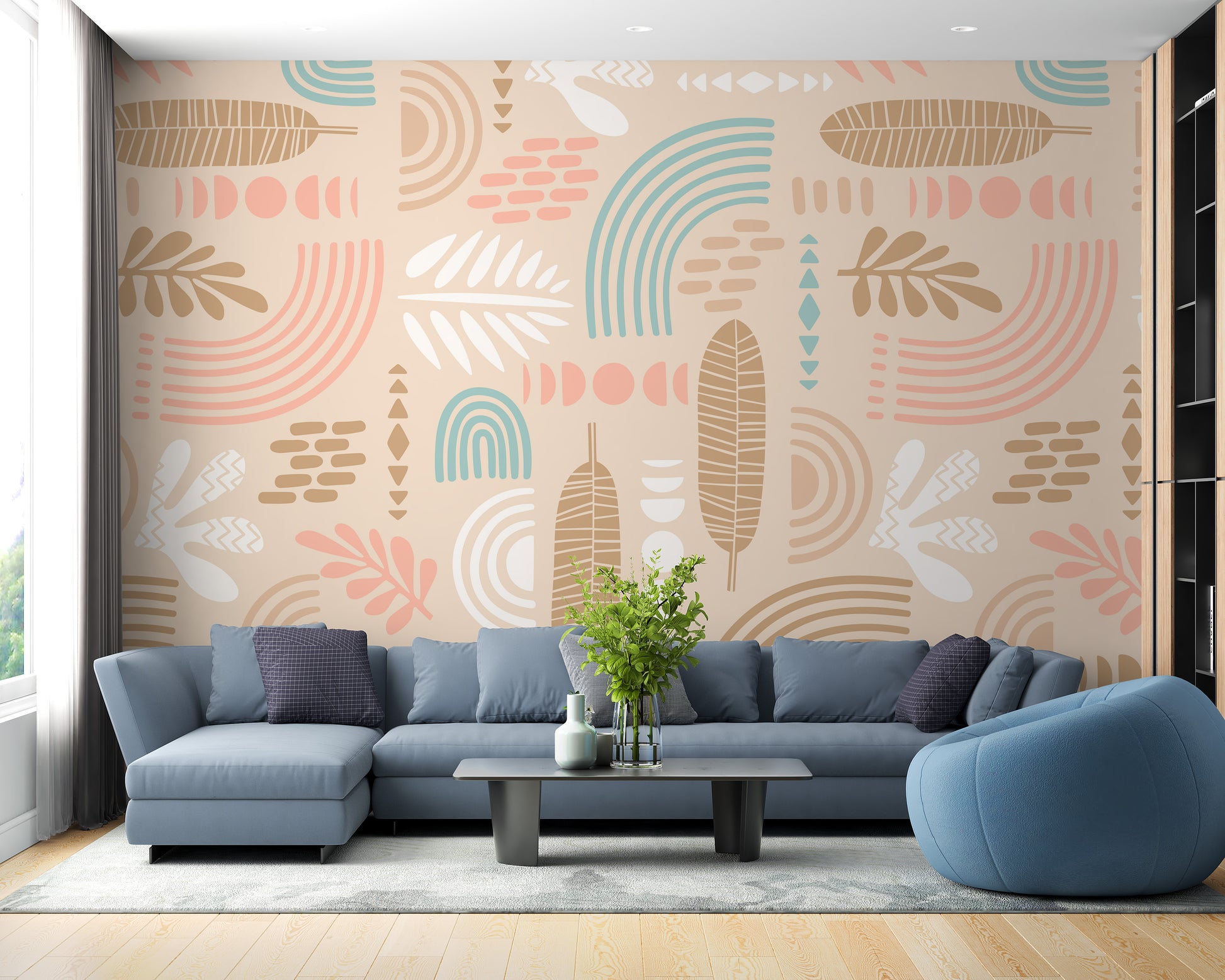 Beige Geometric Shapes and Leaves Wallpaper for Walls