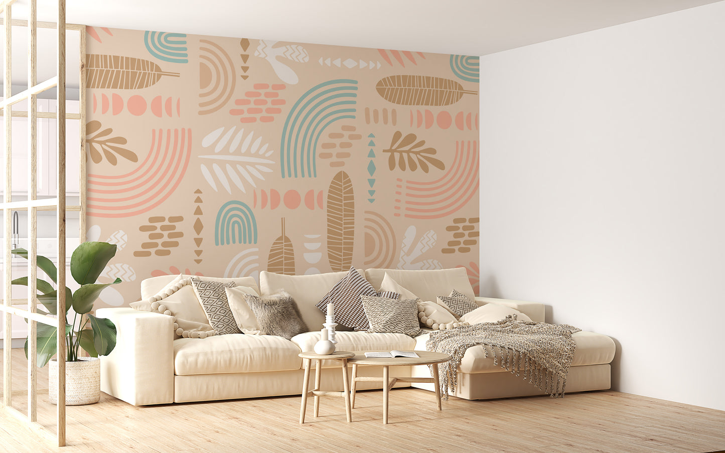 Geometric Shapes and Leaves Wallpaper in Beige Tones