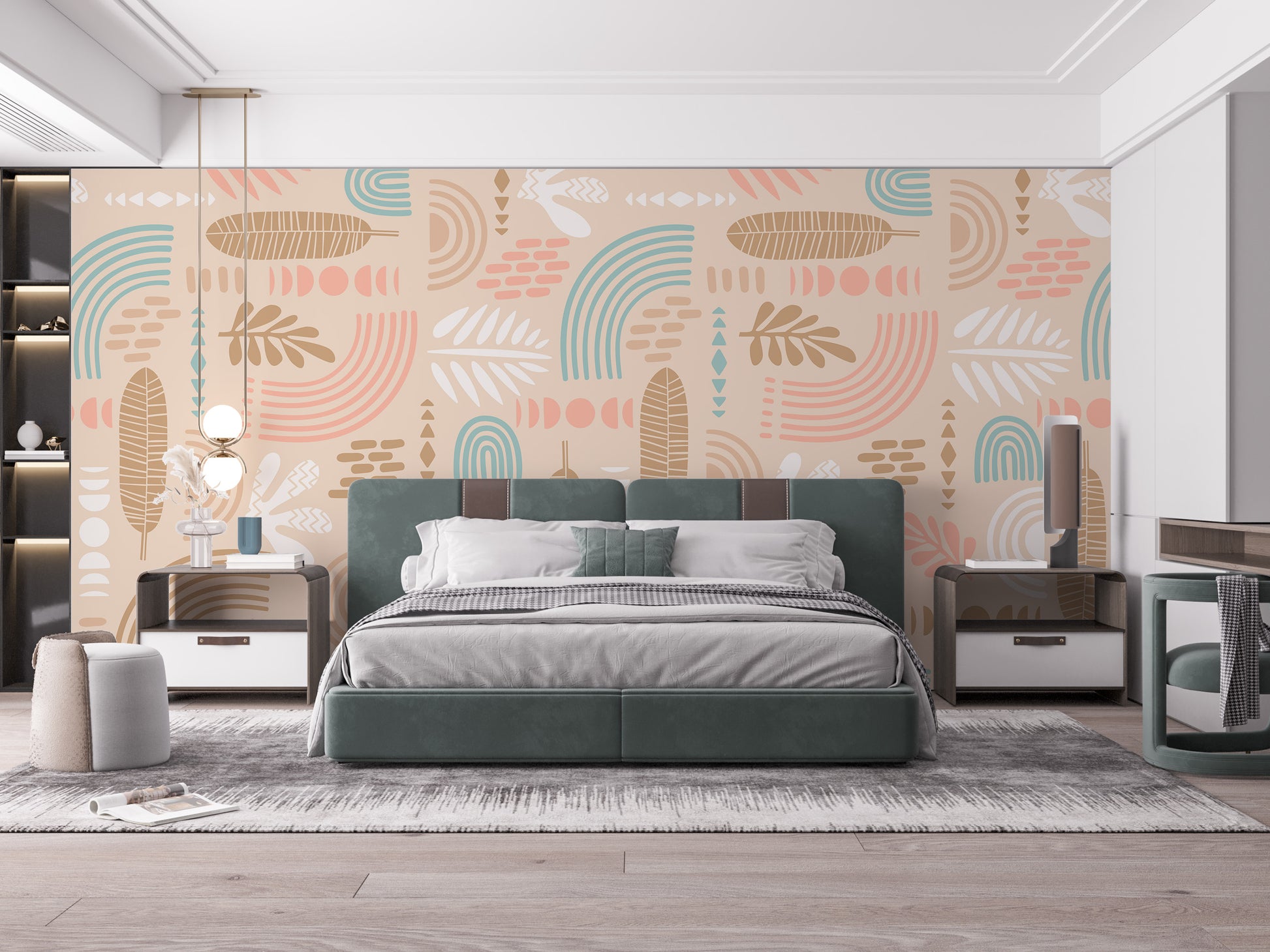 Stylish Beige Wallpaper with Abstract Leaves and Shapes