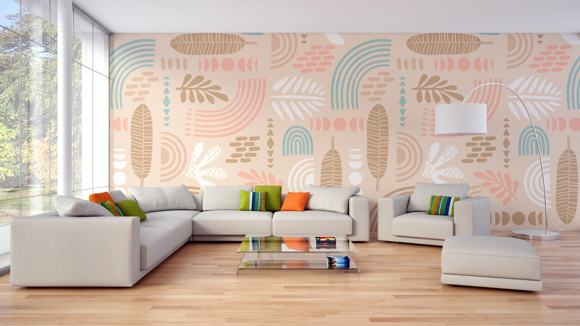 Beige Abstract Leaves and Geometric Design for Walls