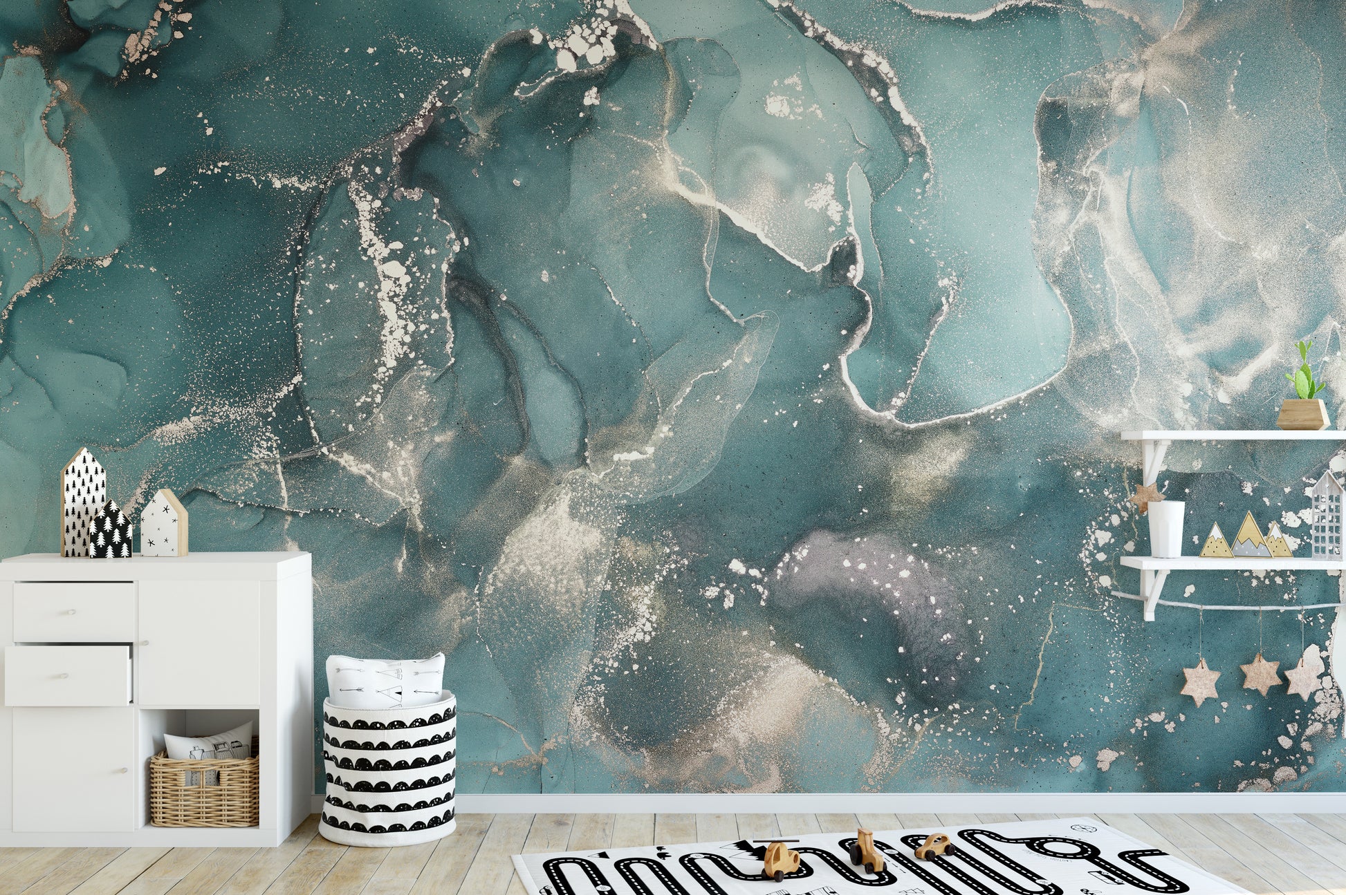 Elegant Aquatic Teal Marble Mural for Modern Interiors