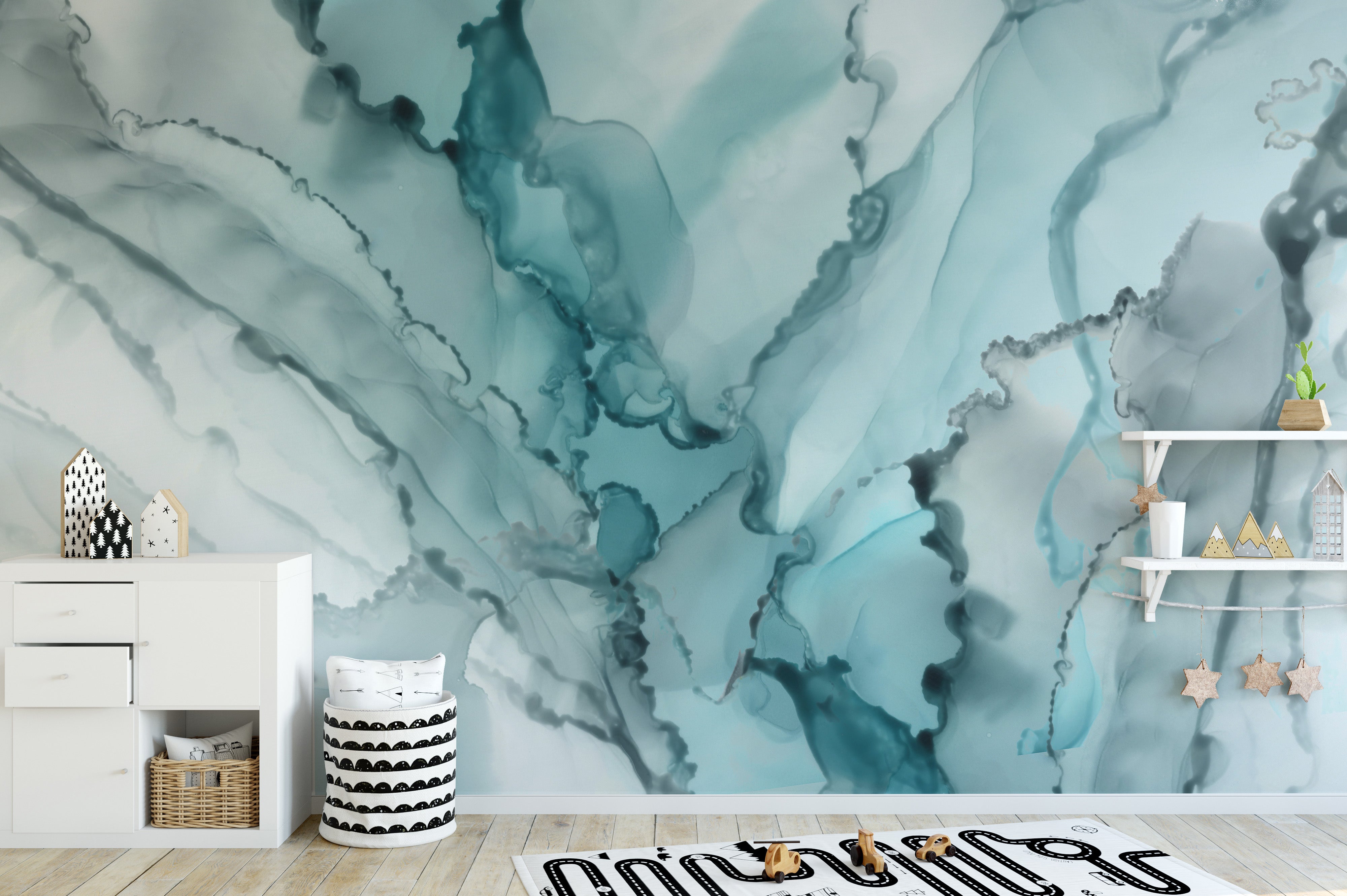 Abstract Aqua Ink Marble Mural for Trendy Rooms