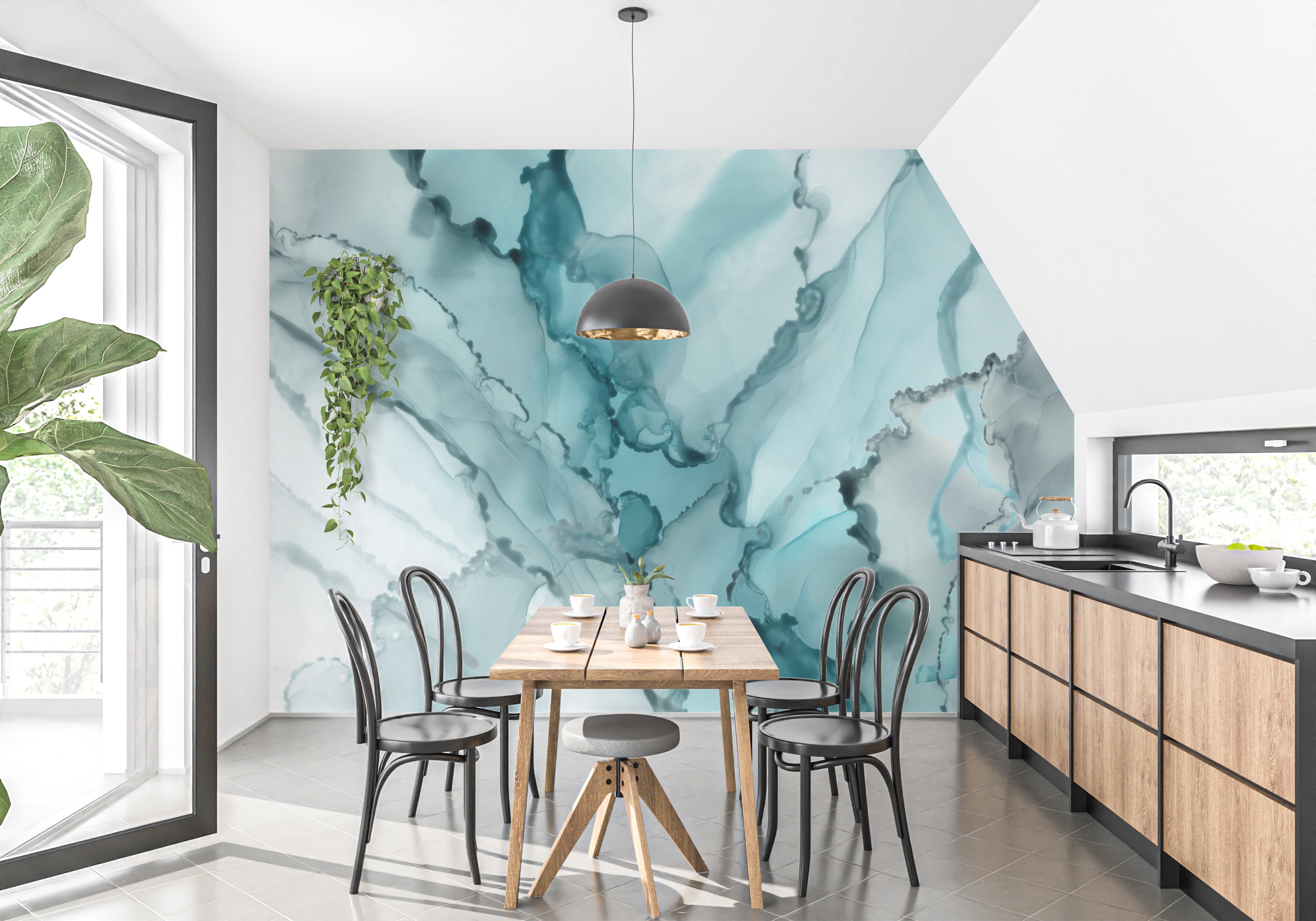 Aqua Ink Marble Mural for Elegant Home Decor