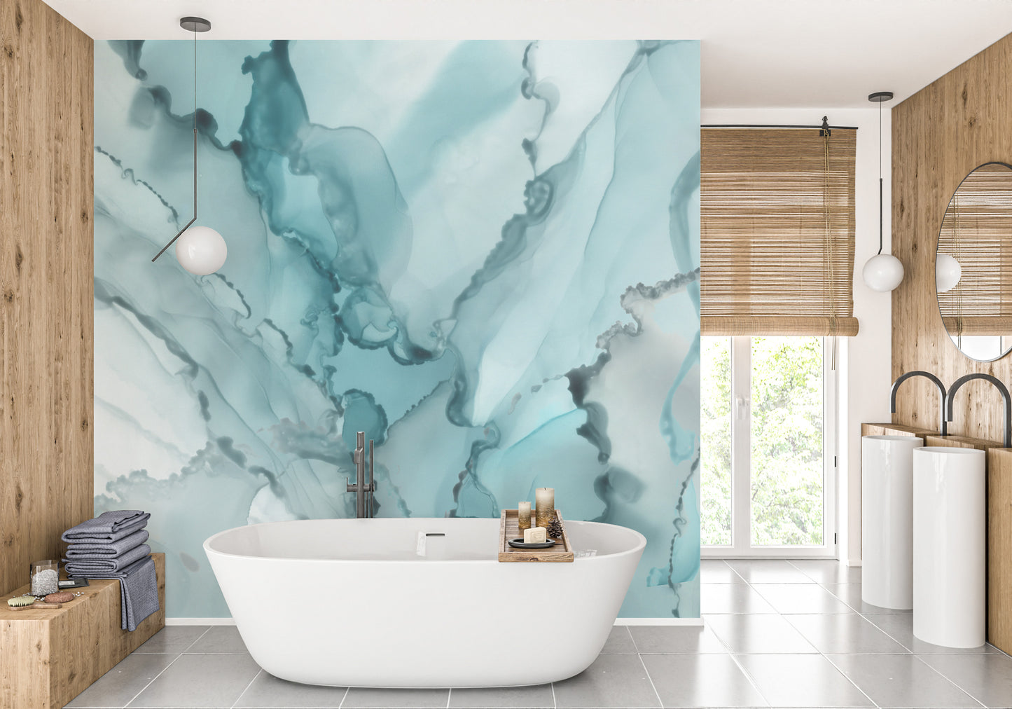 Bold Aqua Ink Marble Abstract Wall Mural for Interiors