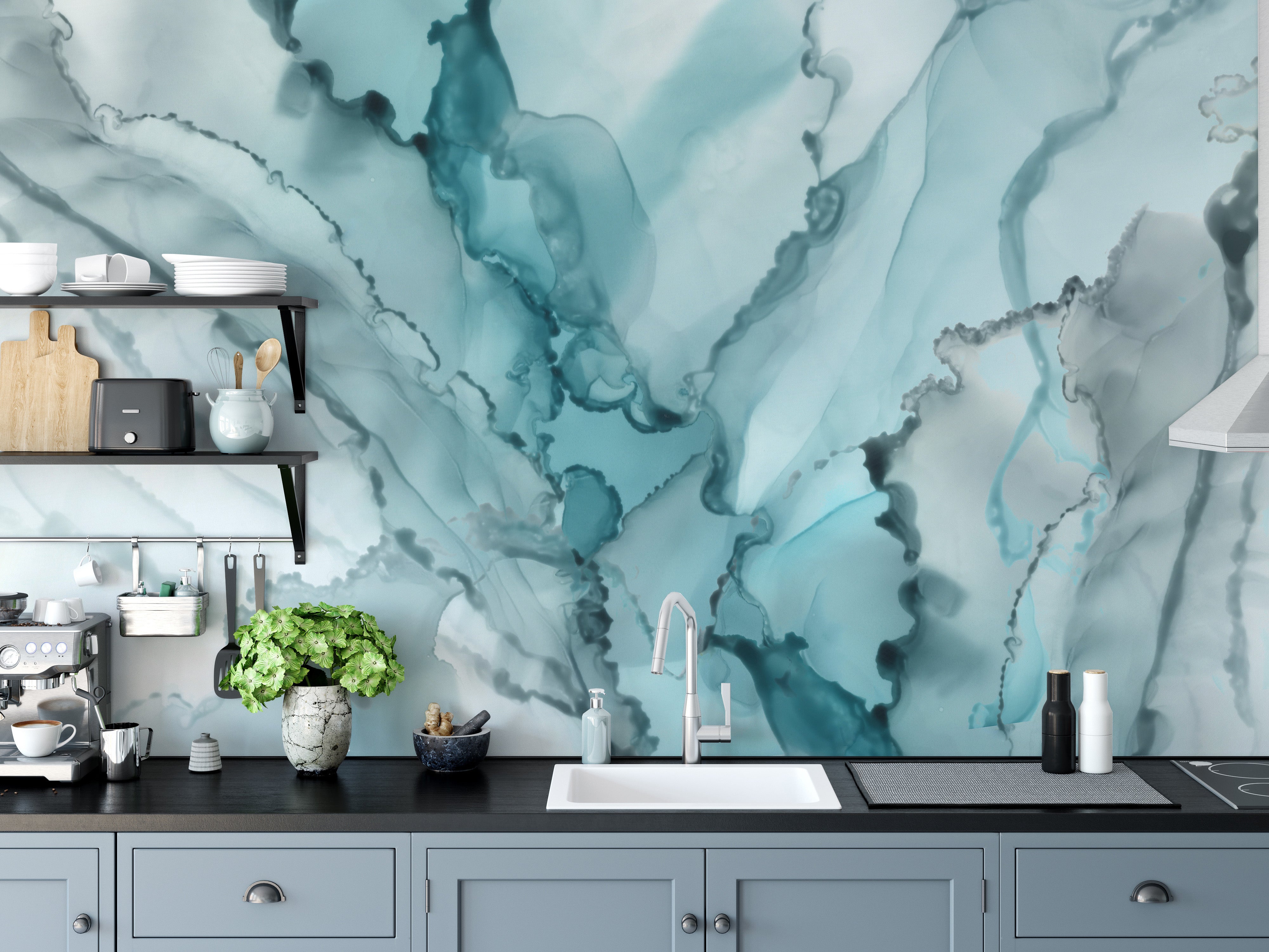 Aqua Ink Marble Abstract Mural for Contemporary Rooms