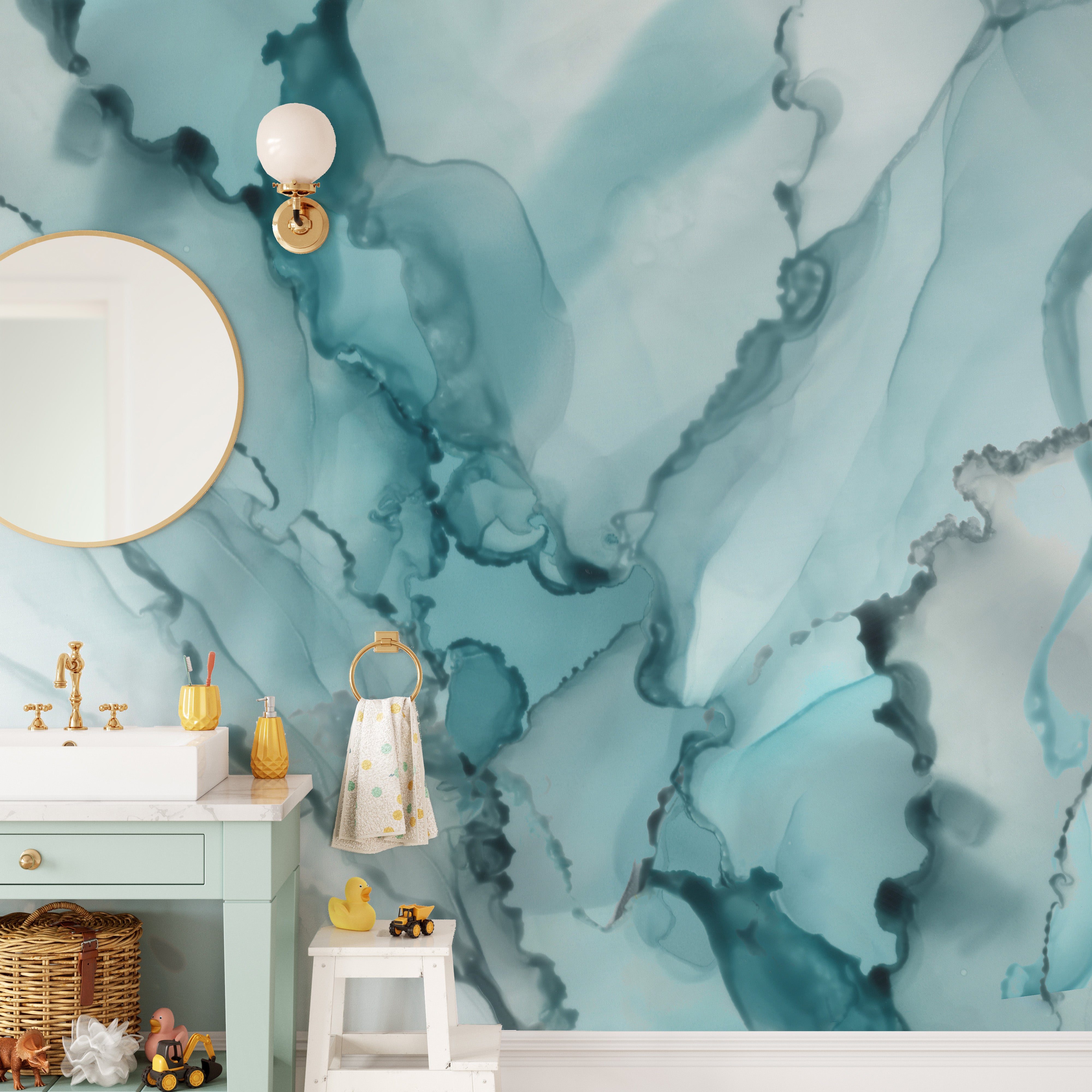 Aqua Ink Marble Abstract Wall Mural for Modern Spaces