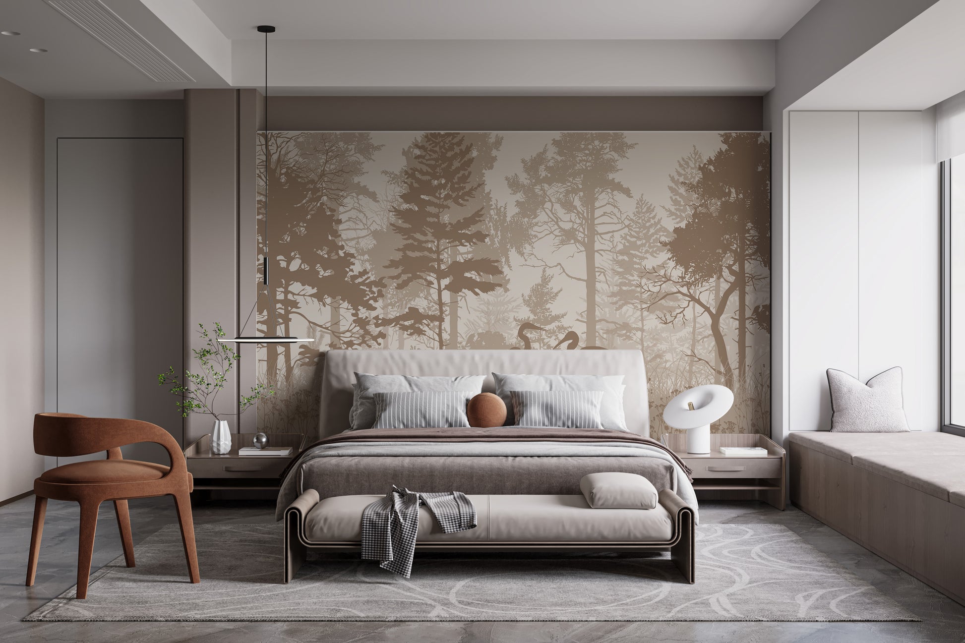 Sepia-Toned Forest with Heron Bird Wallpaper Mural