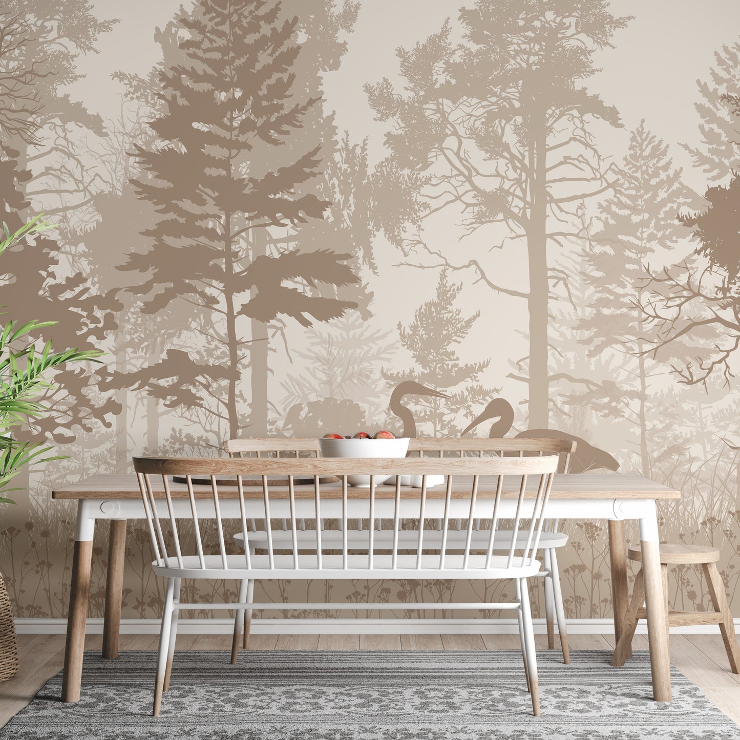 Sepia Forest Mural with Heron Bird for Stylish Walls