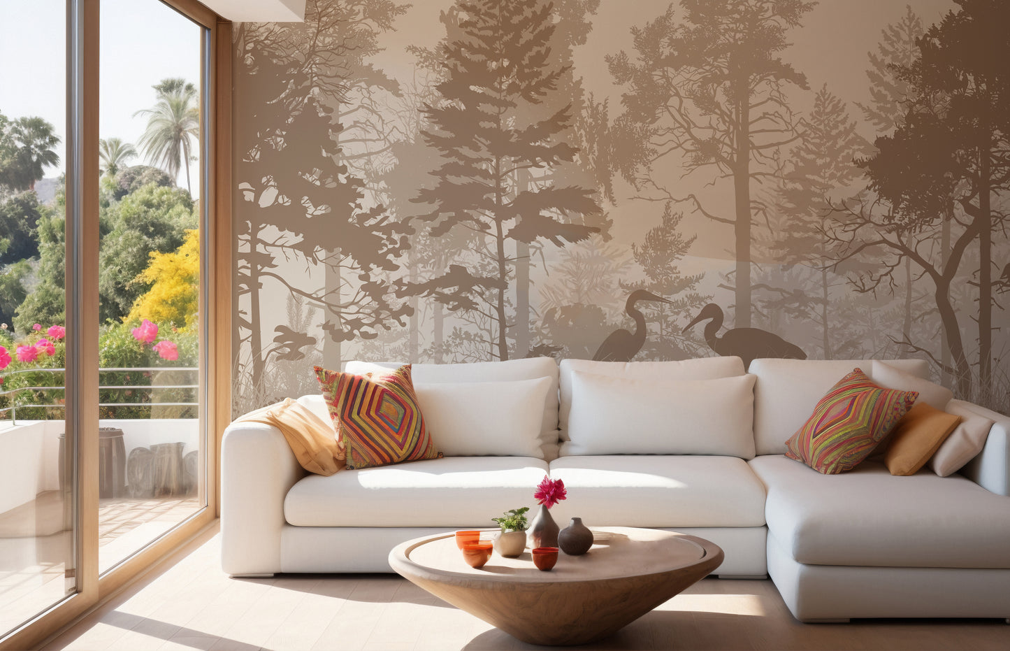 Serene Sepia Forest Heron Bird Mural for Bedrooms