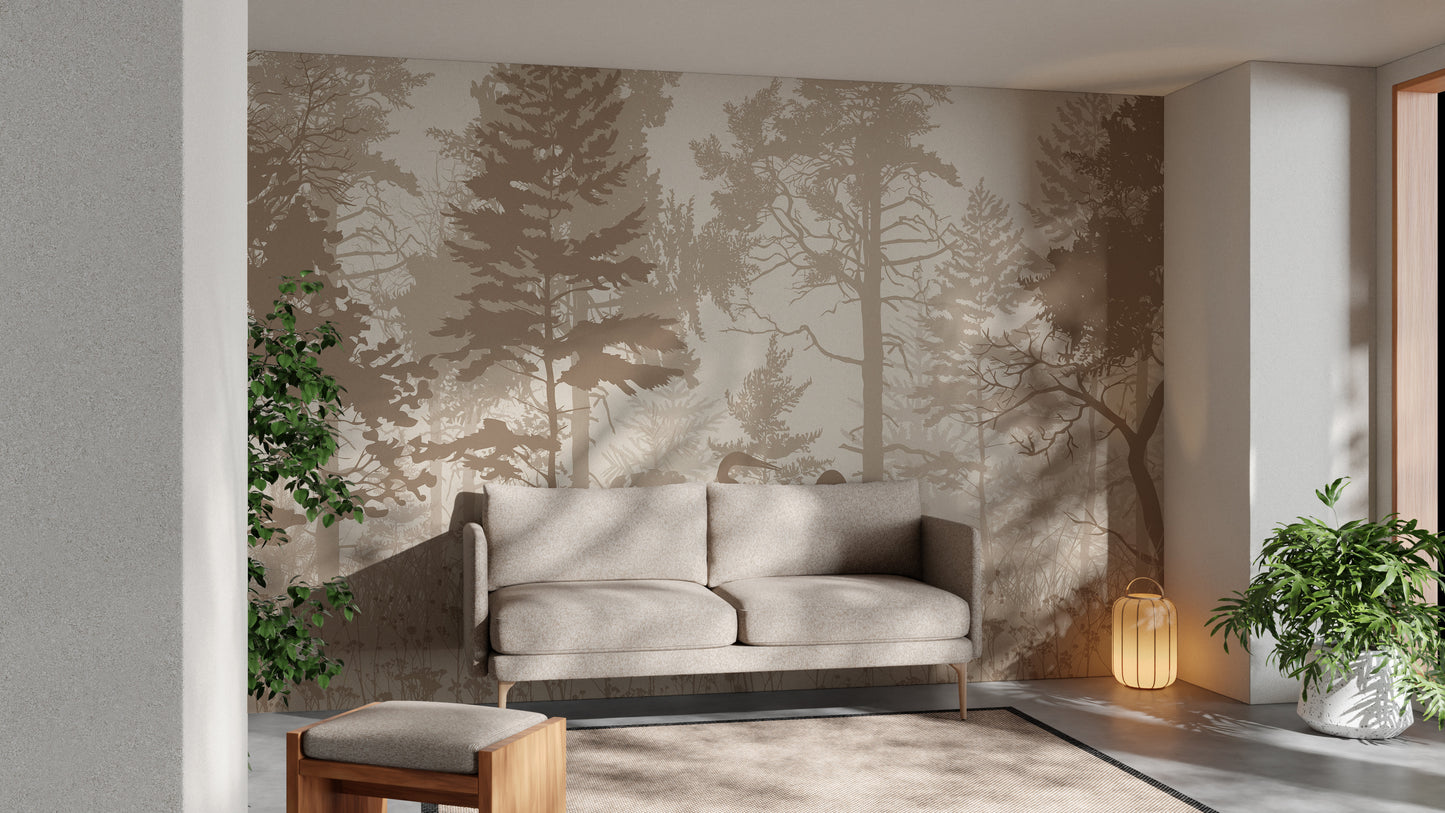 Sepia Forest and Heron Bird Mural for Peaceful Decor