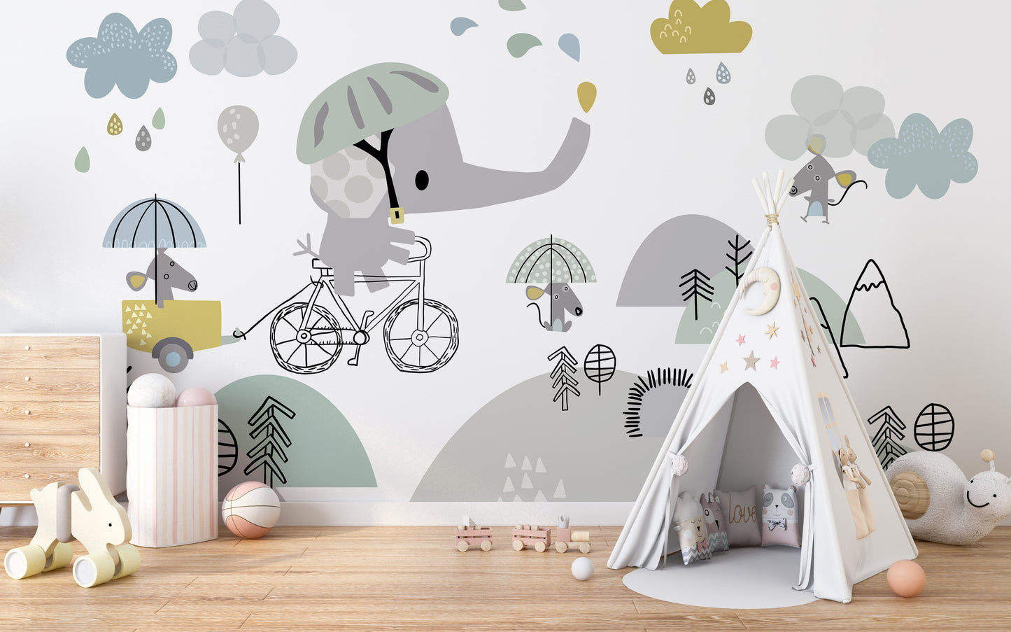 Elephant on Bicycle Wallpaper for Bright Kids’ Rooms