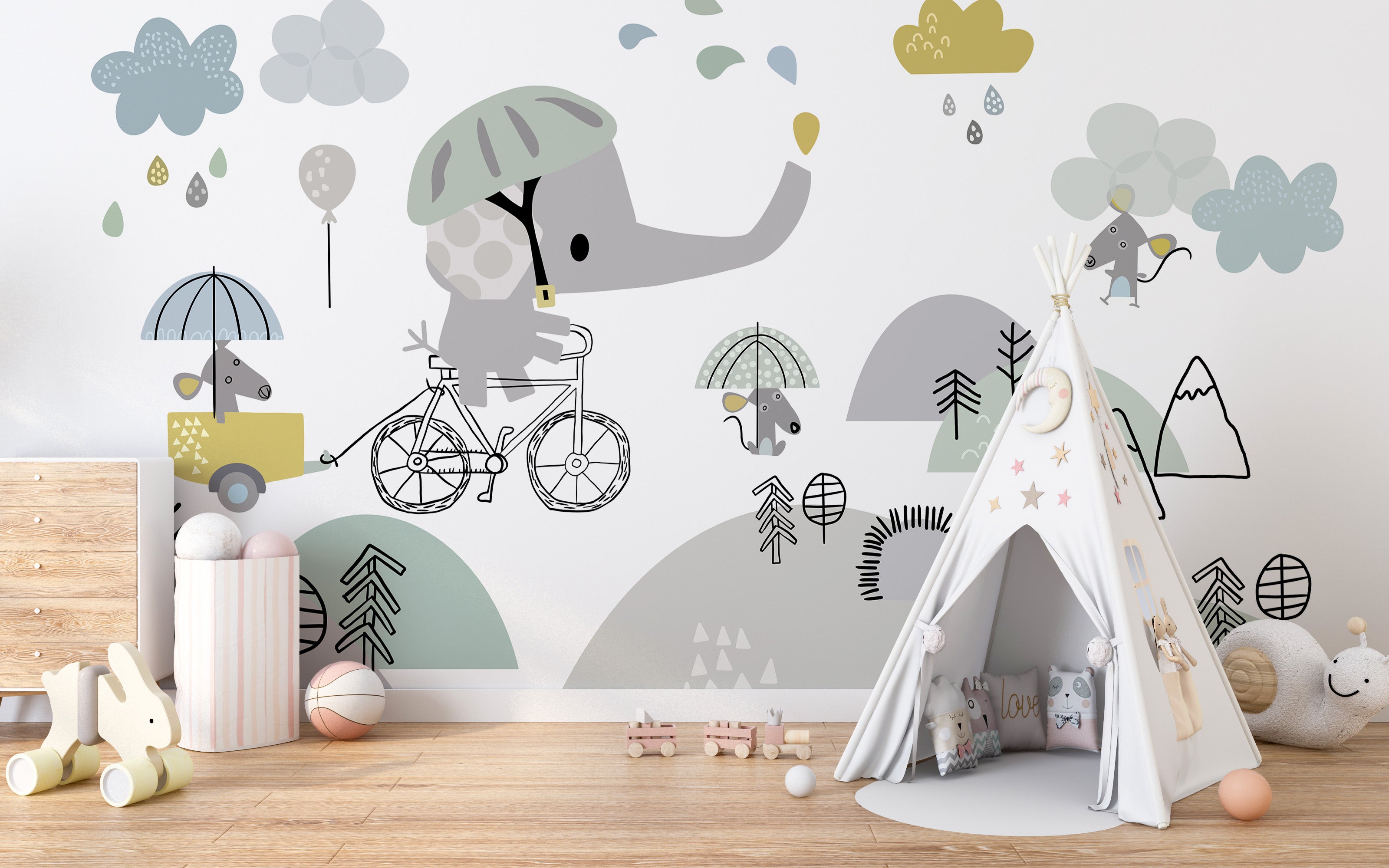 Elephant on Bicycle Wallpaper for Bright Kids’ Rooms