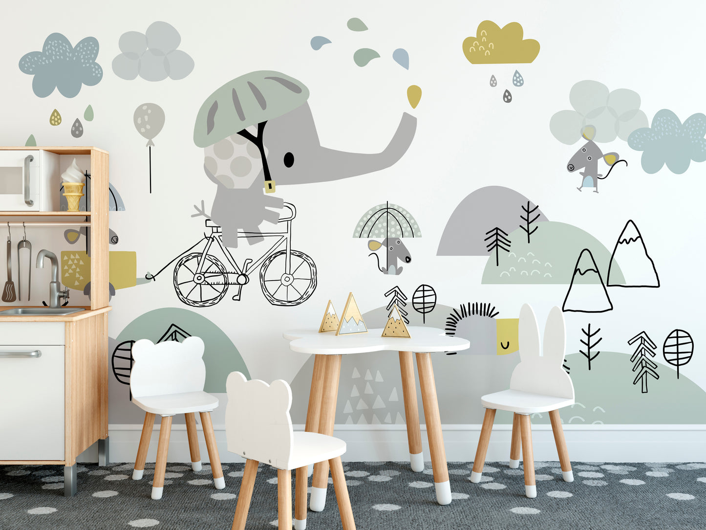 Cute Elephant on Bicycle Mural for Playful Interiors