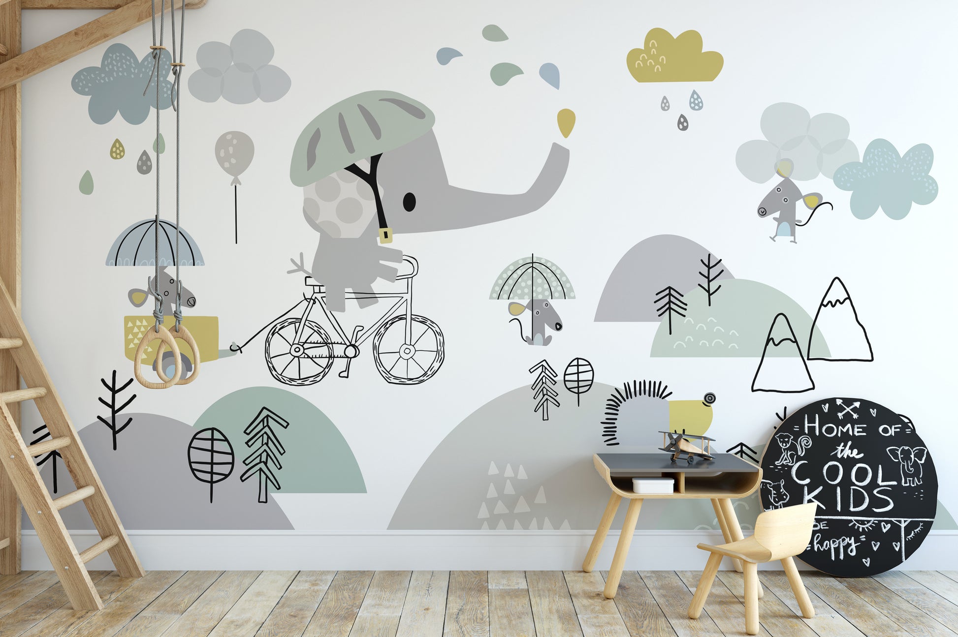 Whimsical Elephant on Bicycle Wallpaper for Kids' Decor