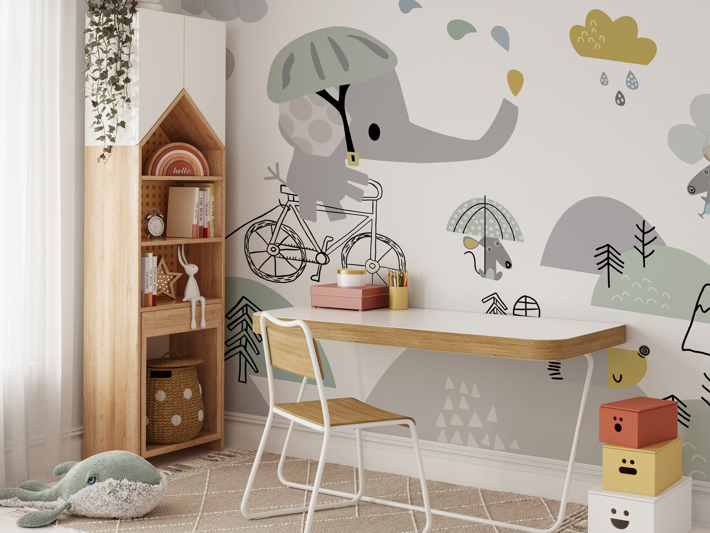 Playful Elephant on Bicycle Kids Wallpaper for Bedrooms