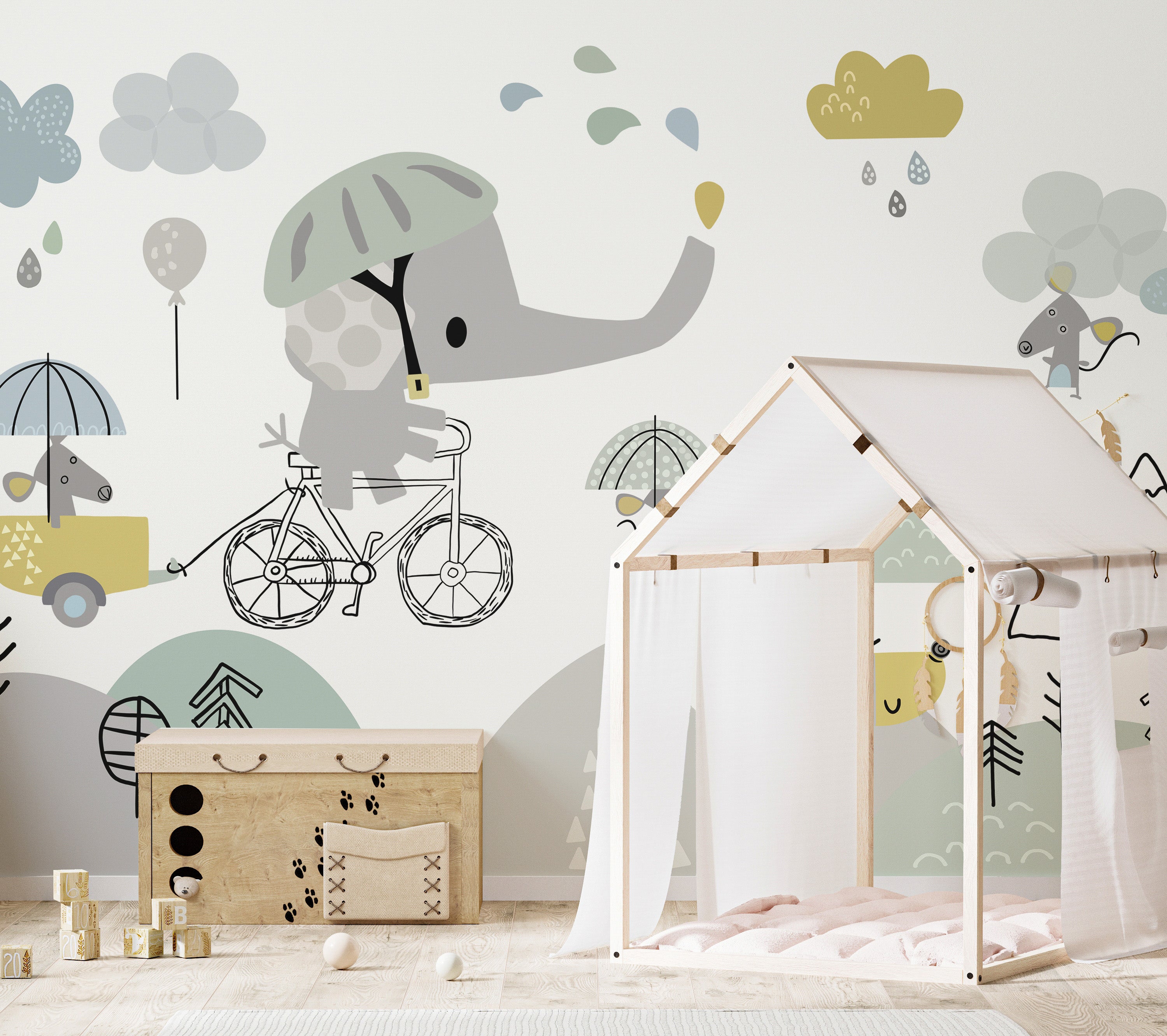 Elephant Riding Bicycle Wallpaper for Fun Kids' Decor