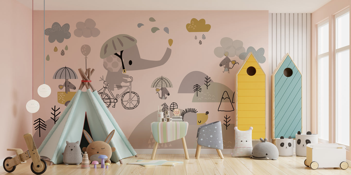 Adorable Elephant on Bicycle Wallpaper for Kids' Spaces