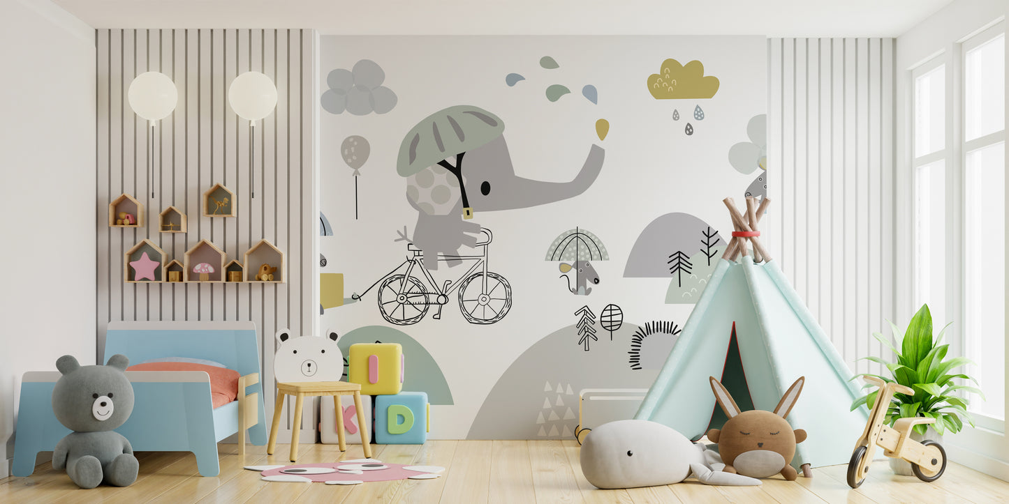 Cute Elephant on Bicycle Kids Wallpaper for Playful Rooms