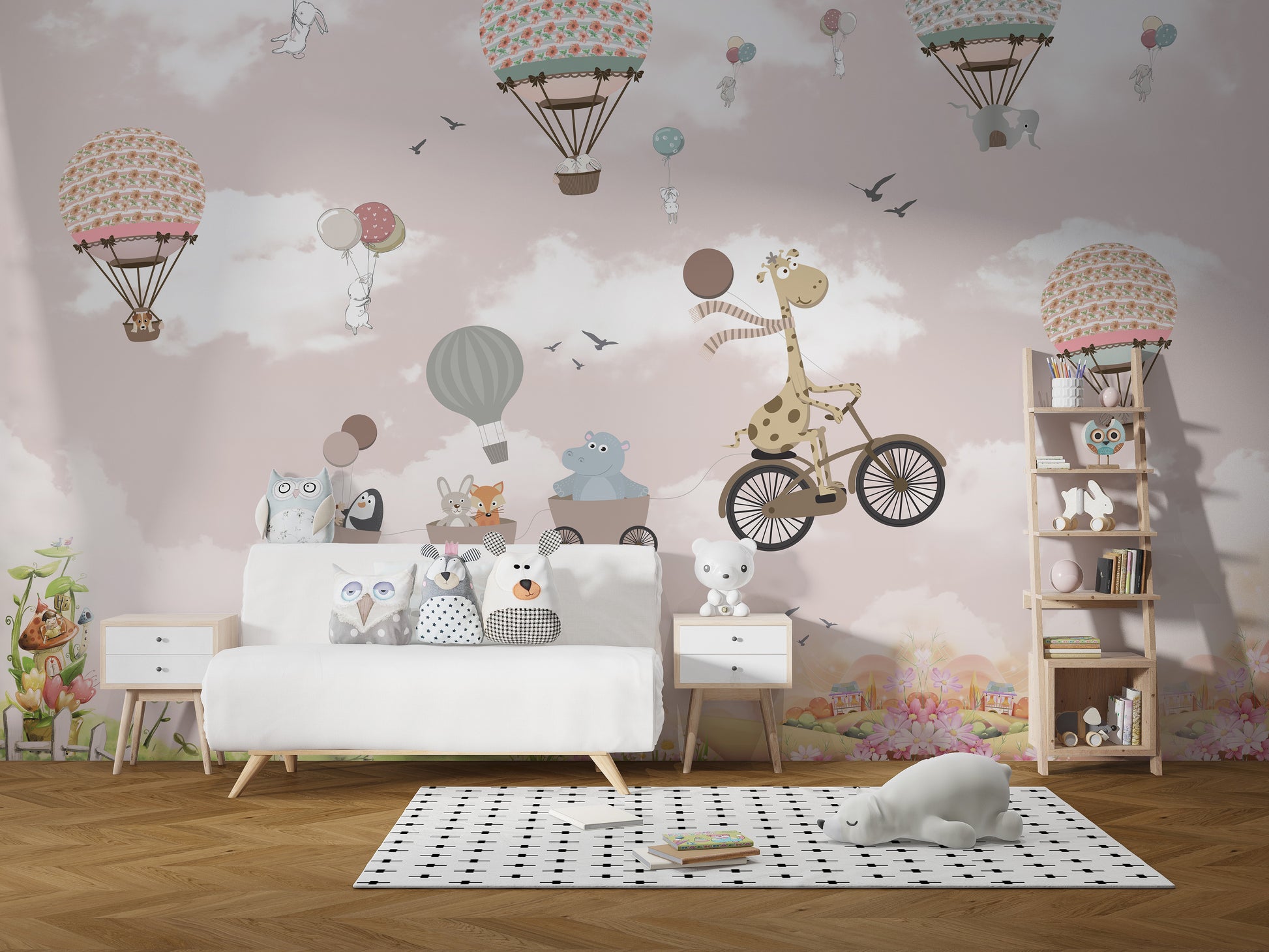 Kids’ Pink Hot Air Balloon and Animals Bicycle Wall Mural