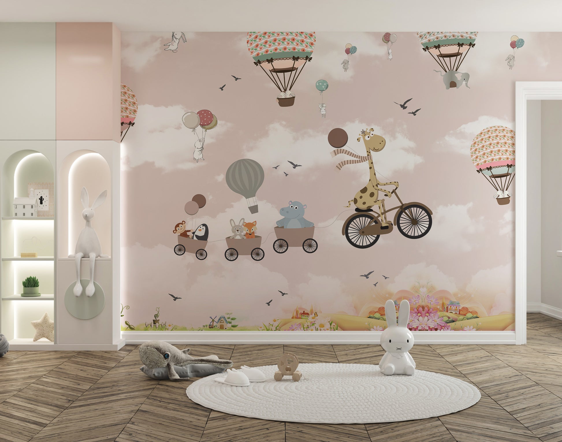 Adorable Pink Hot Air Balloon and Animals Bicycle Mural