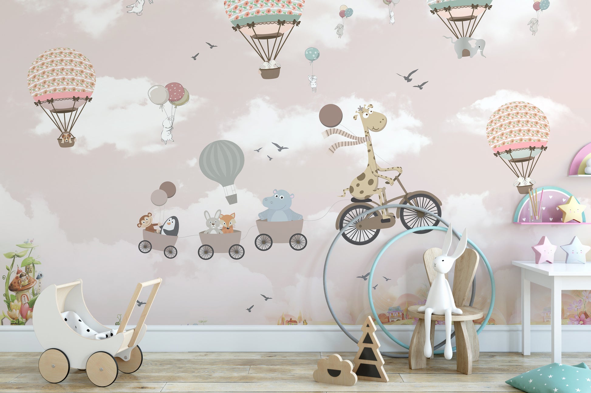 Pink Hot Air Balloon Animals Bicycle Wall Murals