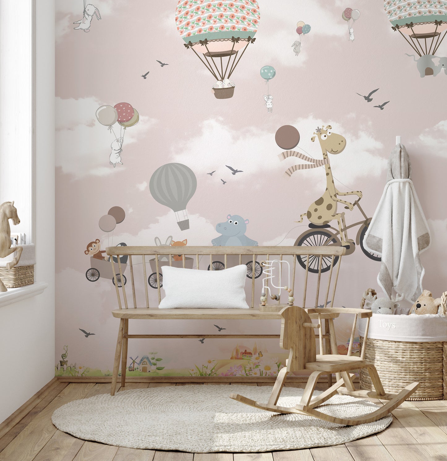 Hot Air Balloon with Animals and Bicycle Wallpaper Mural