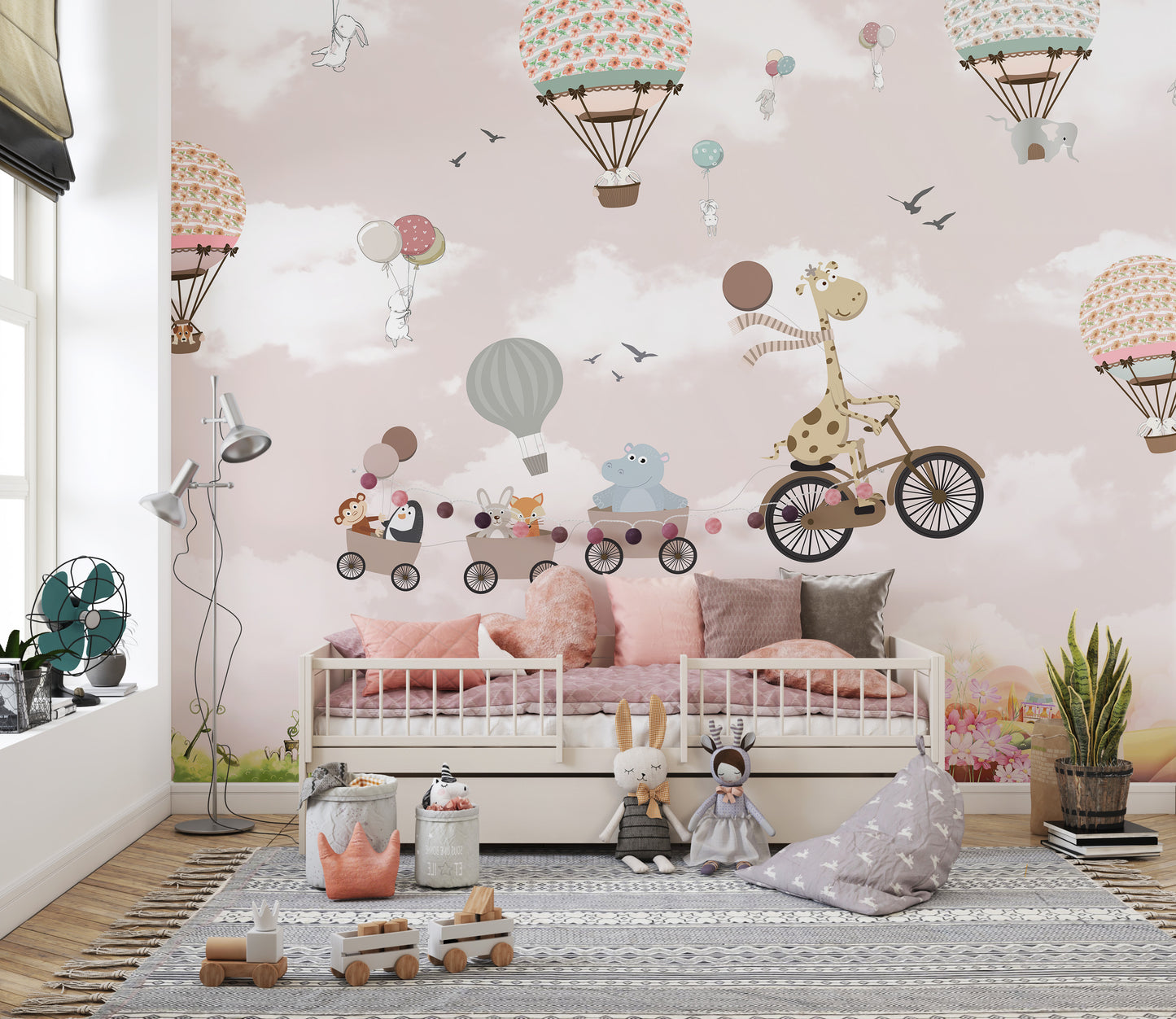 Fun Pink Hot Air Balloon and Animals Bicycle Wall Mural