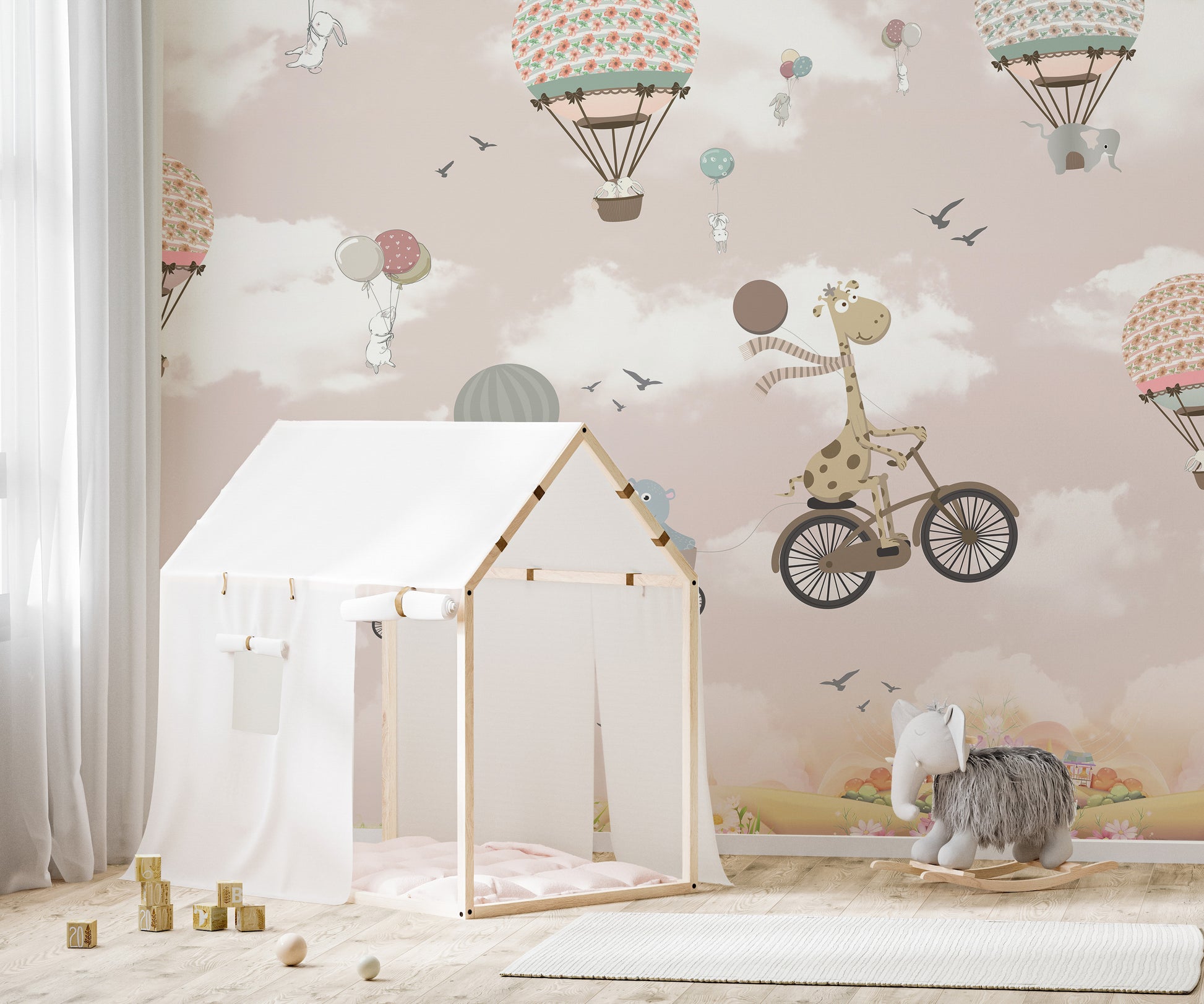 Fun Pink Hot Air Balloon and Animals Bicycle Wall Mural