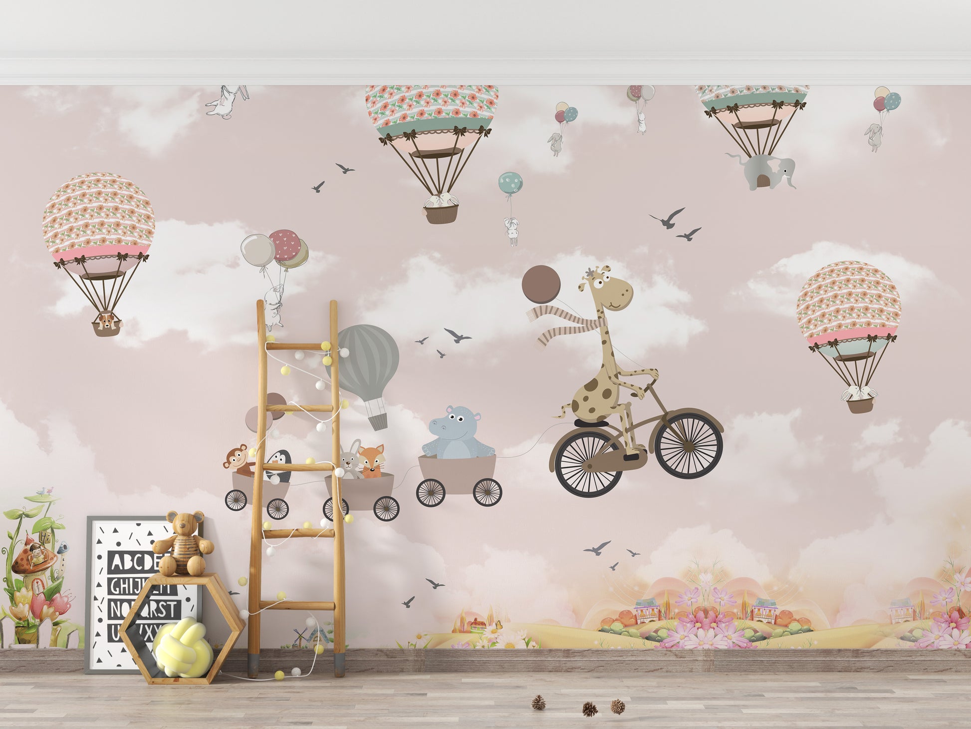 Playful Pink Hot Air Balloon Animals and Bicycle Wall Mural