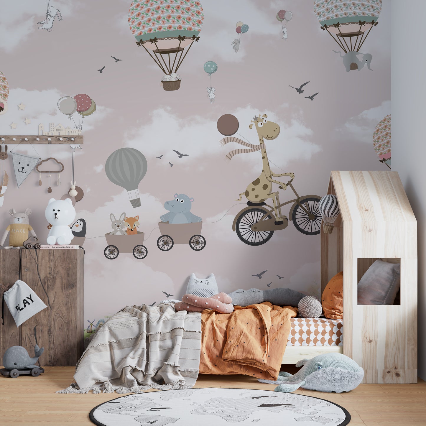 Pink Hot Air Balloon with Bicycle and Animals Wall Mural