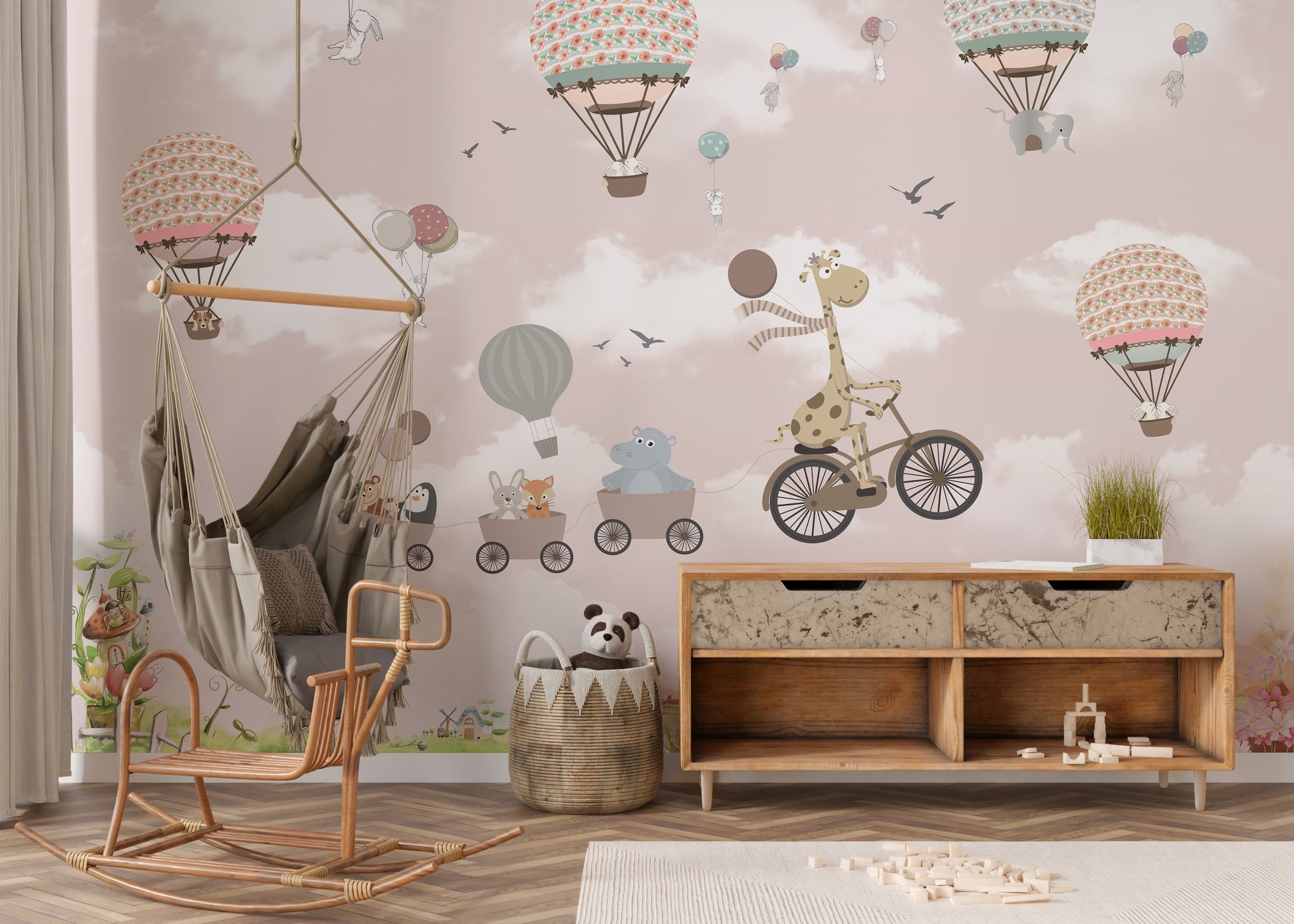 Cute Animals in Pink Hot Air Balloon and Bicycle Wall Mural