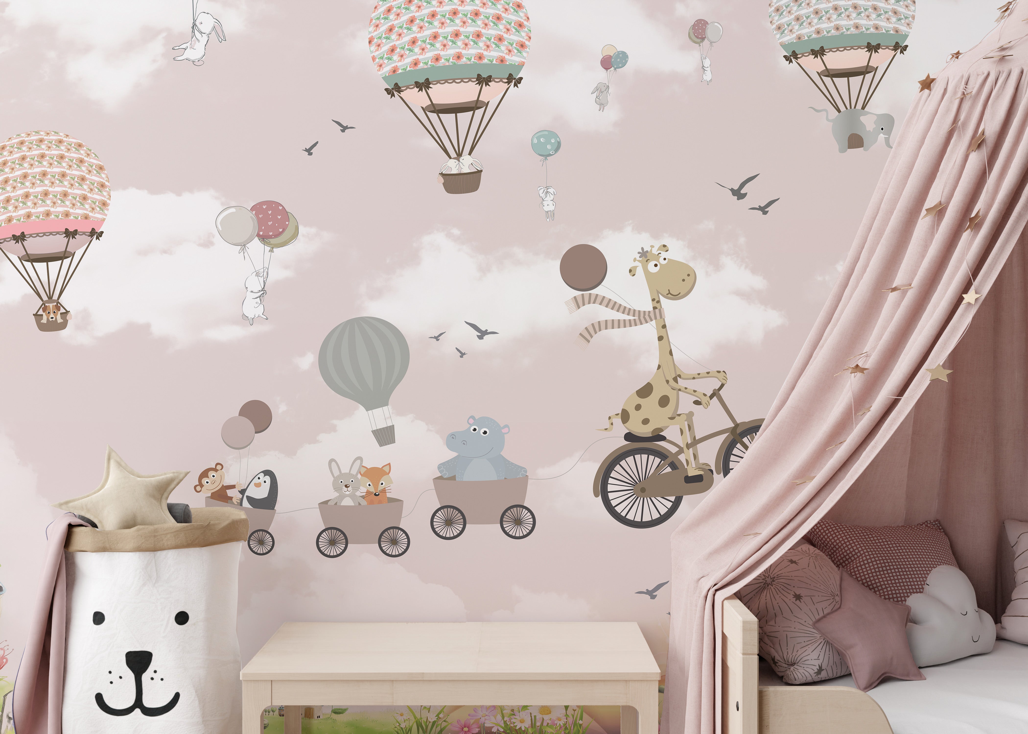 Pink Hot Air Balloon with Animals and Bicycle Wall Mural