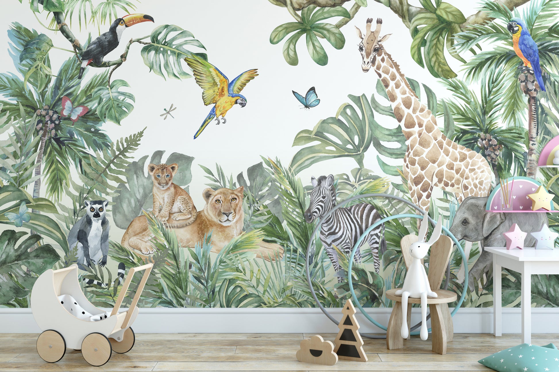 Watercolor Jungle Safari Wallpaper with Wild Animals