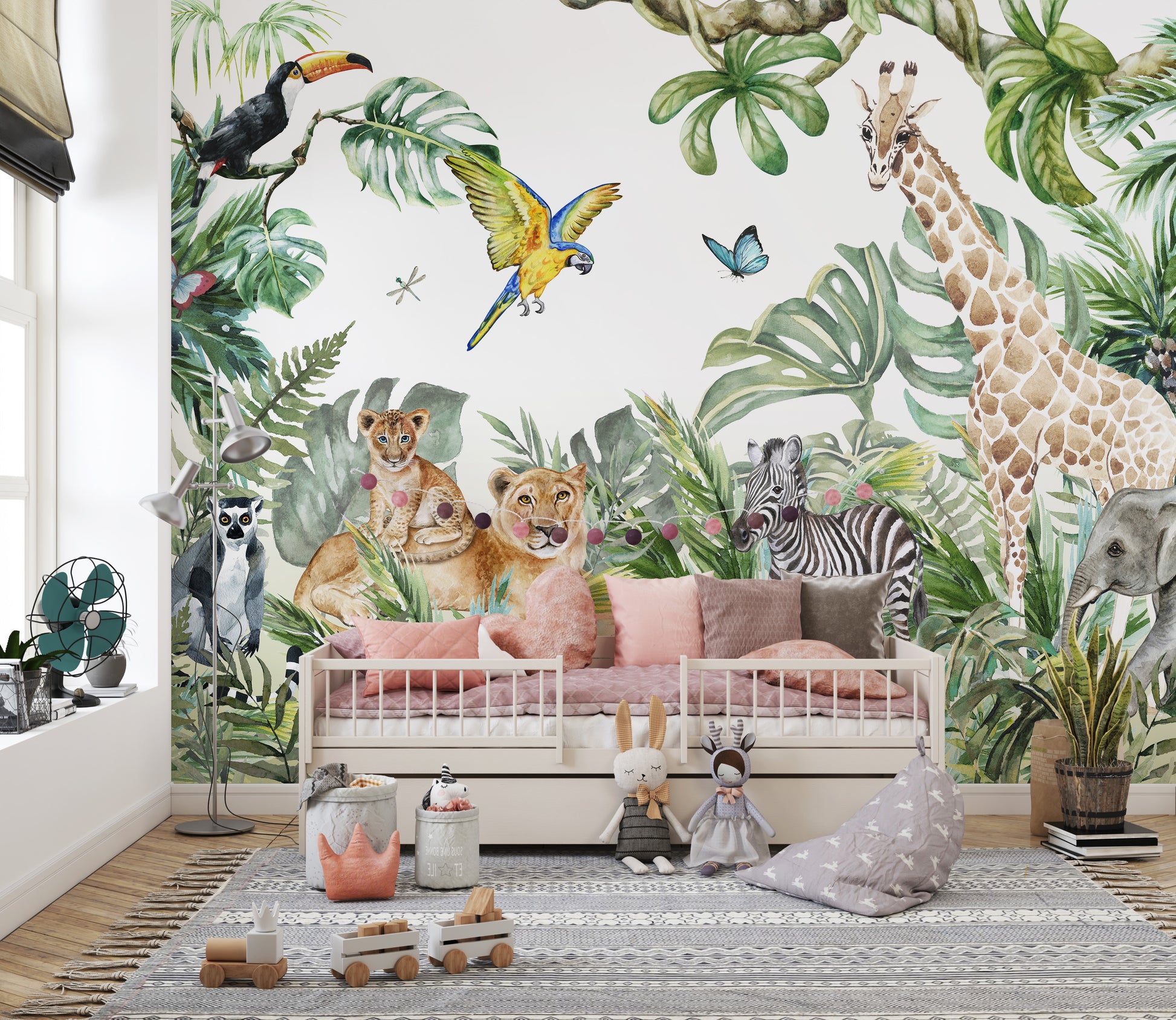 Cute Jungle Safari Watercolor Animals Wallpaper for Kids