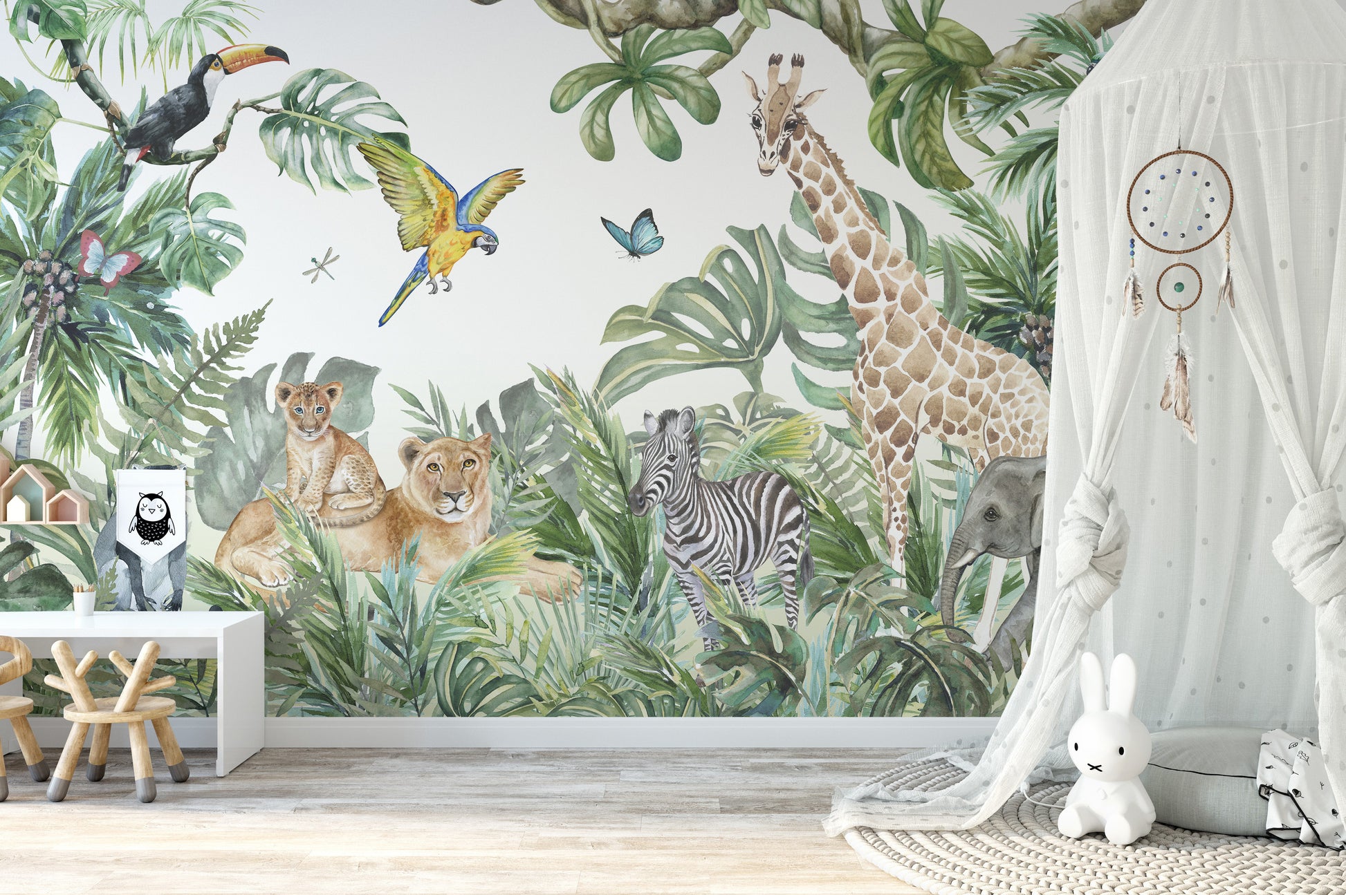 Watercolor Jungle Safari Animals Wallpaper for Playful Spaces