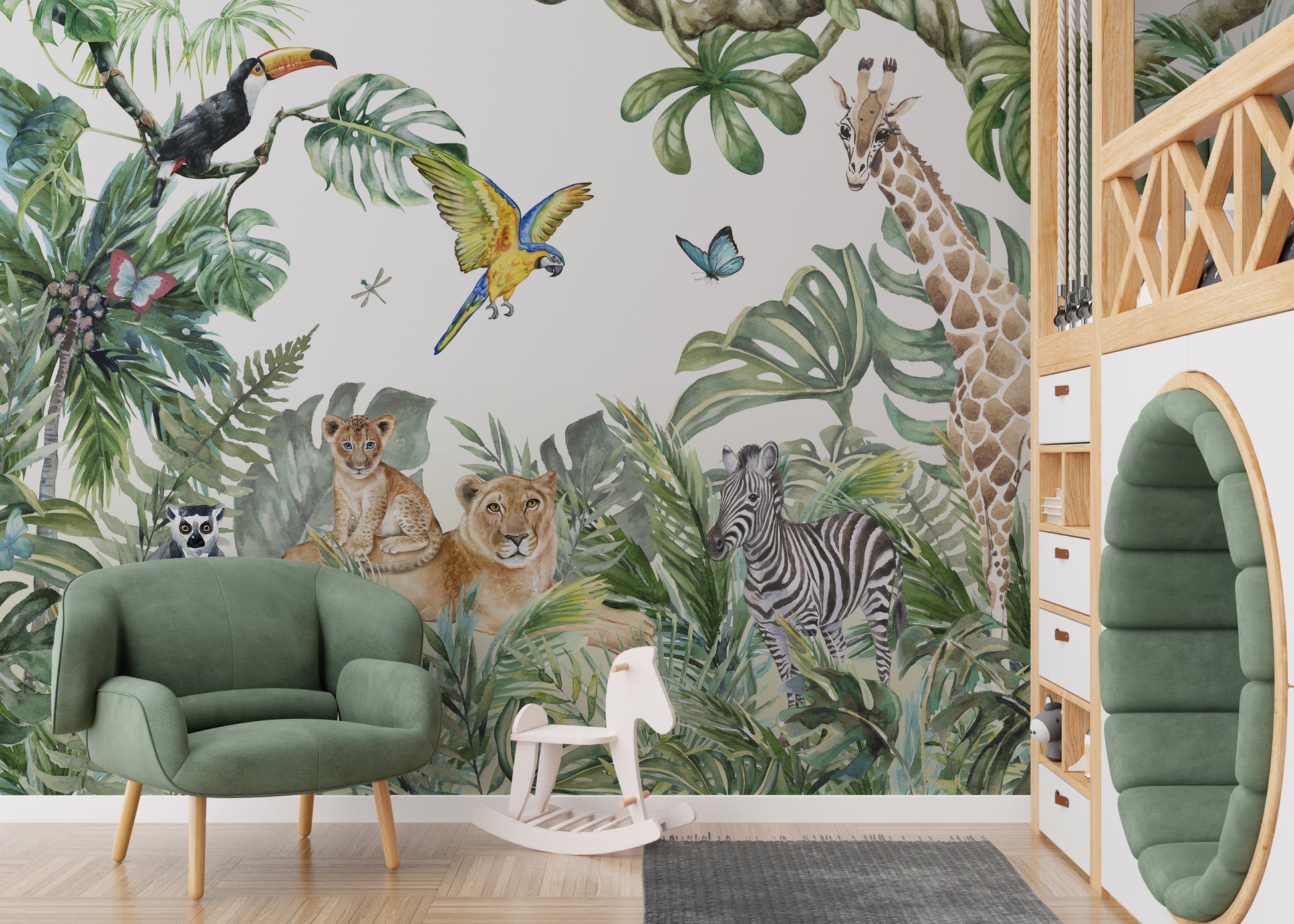 Jungle Safari Watercolor Animals Wallpaper for Kids' Rooms