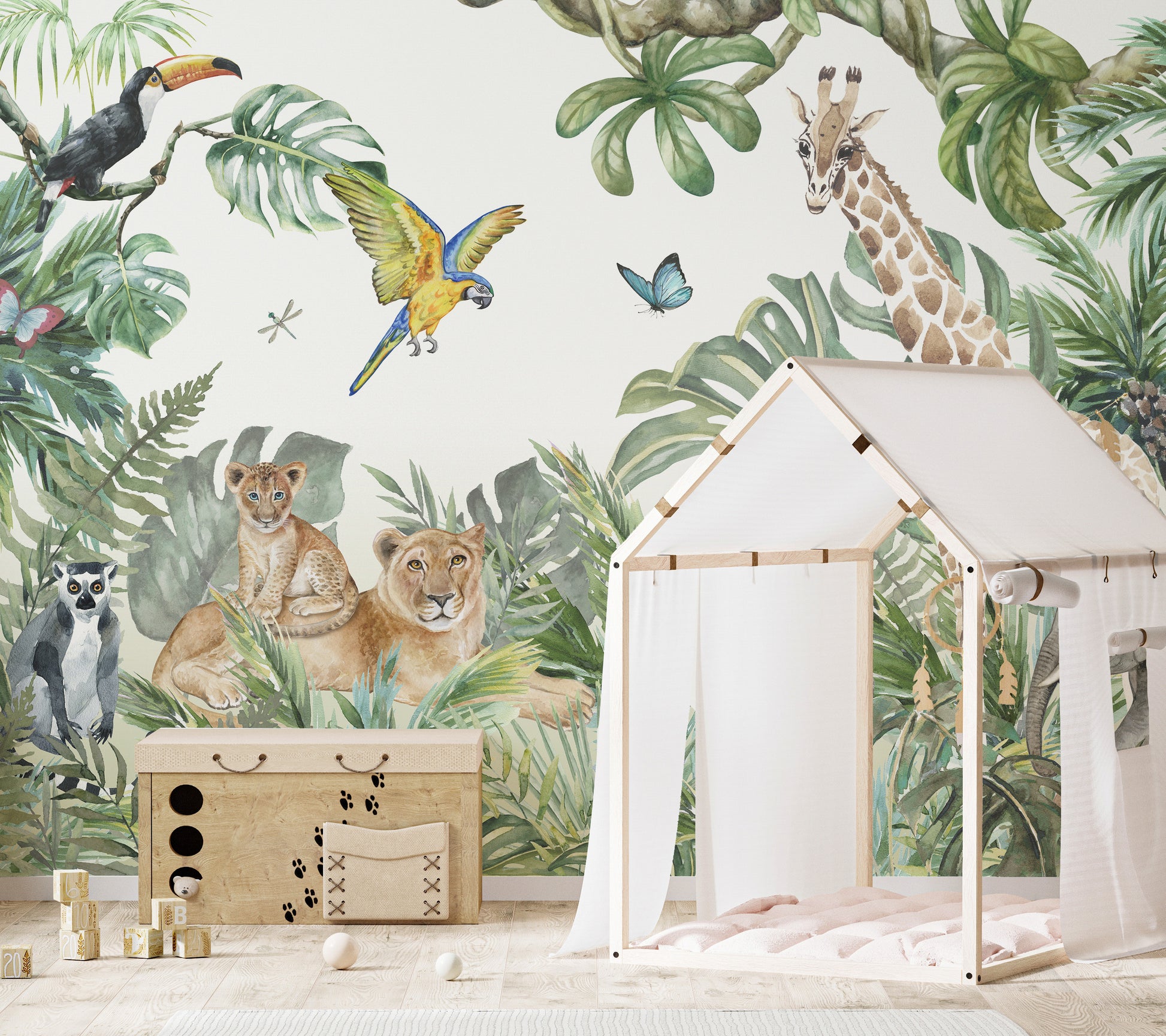 Safari Animals in Watercolor Wallpaper for Playful Decor