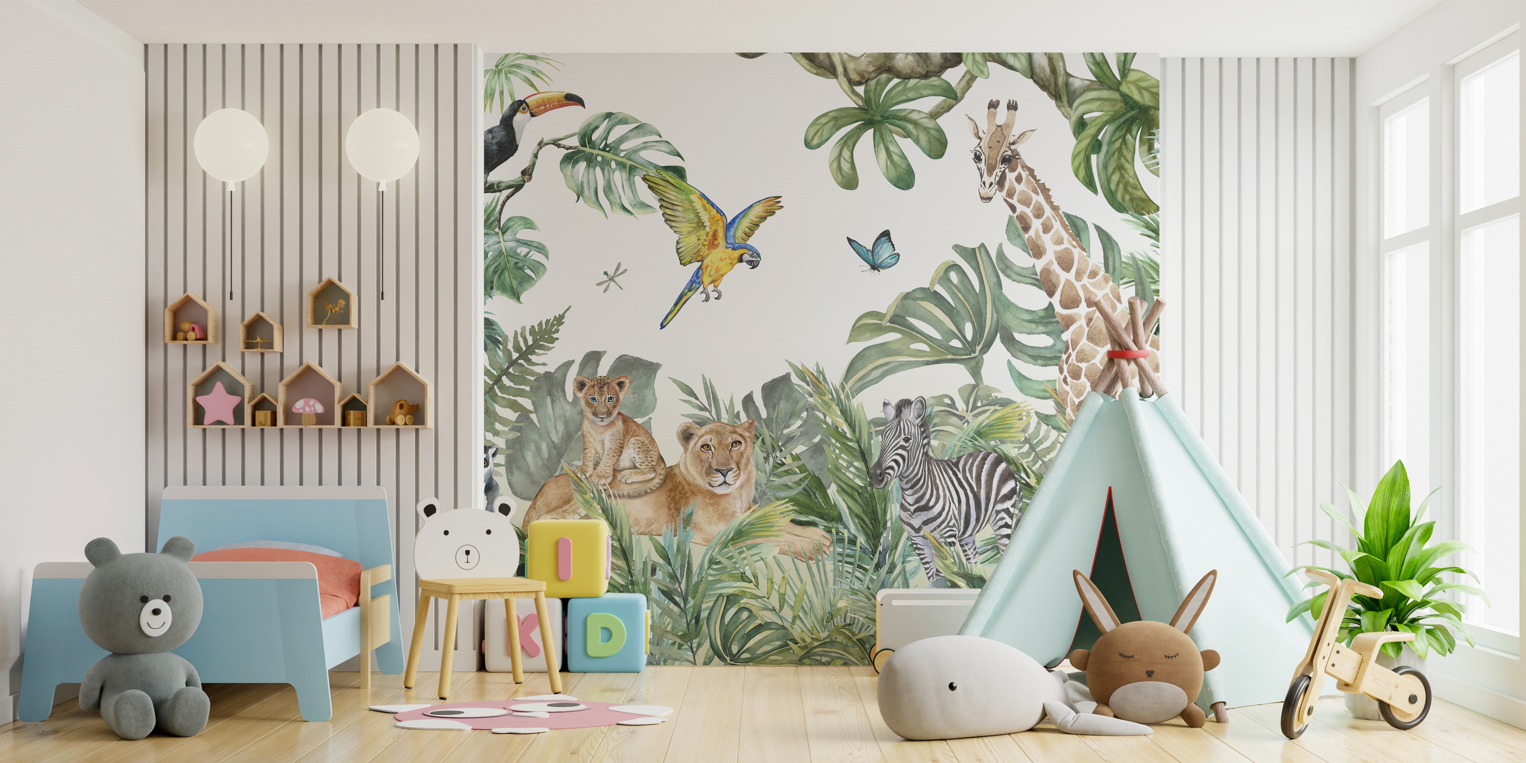 Vibrant Jungle Safari Watercolor Wallpaper for Kids' Walls